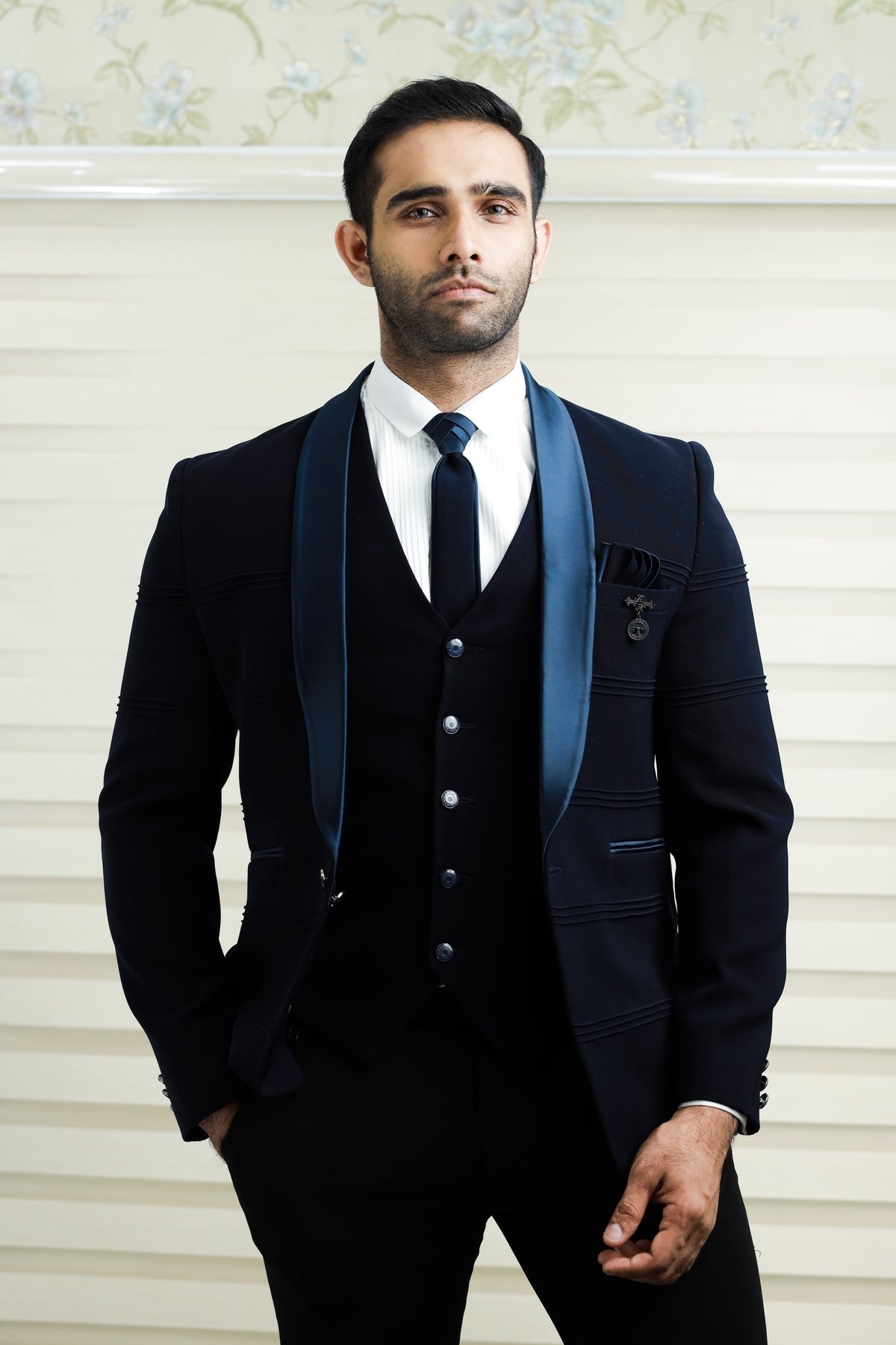 Prussian Blue 3 Piece Tuxedo Suit with Horizontal Tuck Detailing (Set of 4)