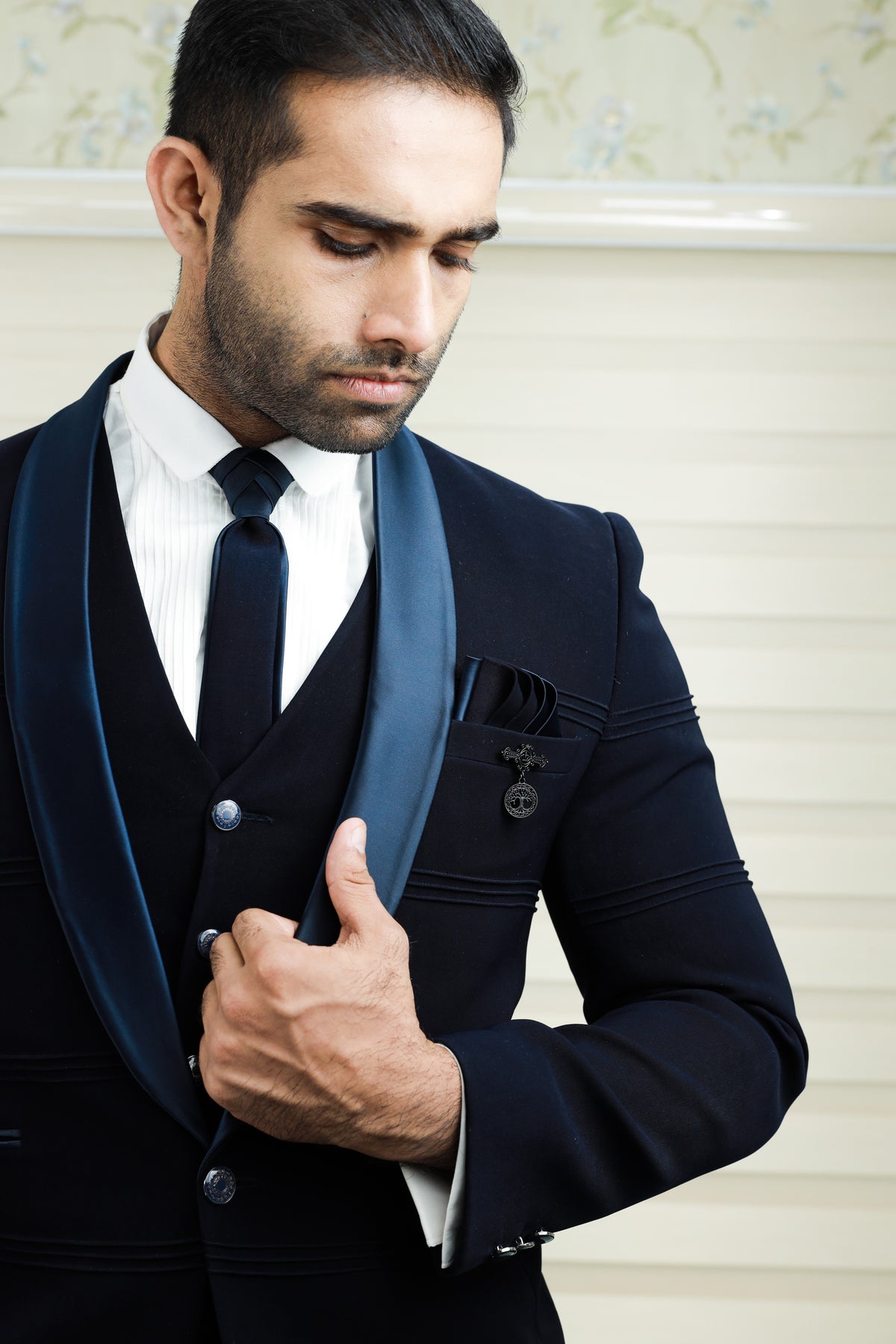 Prussian Blue 3 Piece Tuxedo Suit with Horizontal Tuck Detailing (Set of 4)