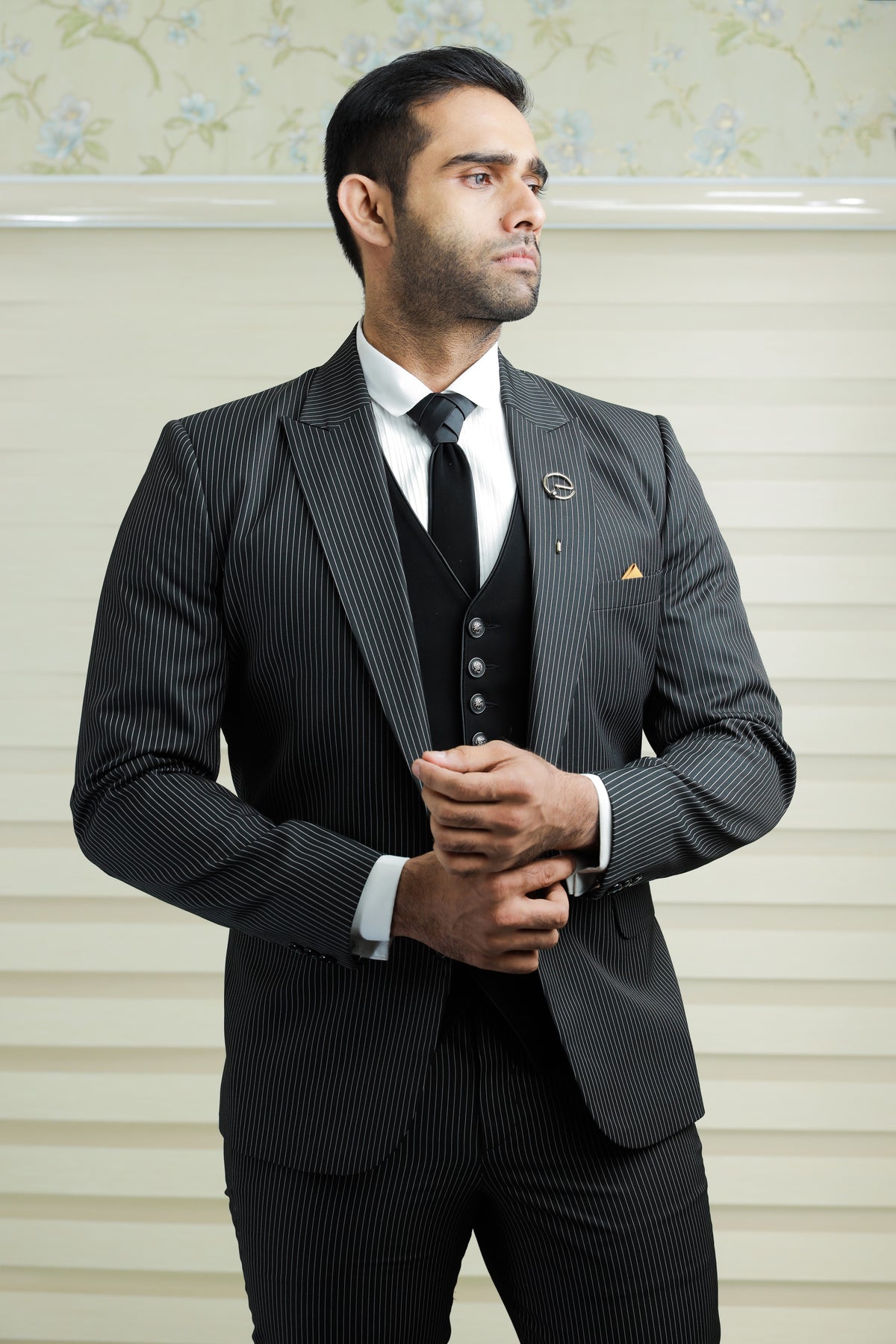 Pin Stripe Grey 3 Piece Suit with Black Contrast Waistcoat & Pants (Set of 4)