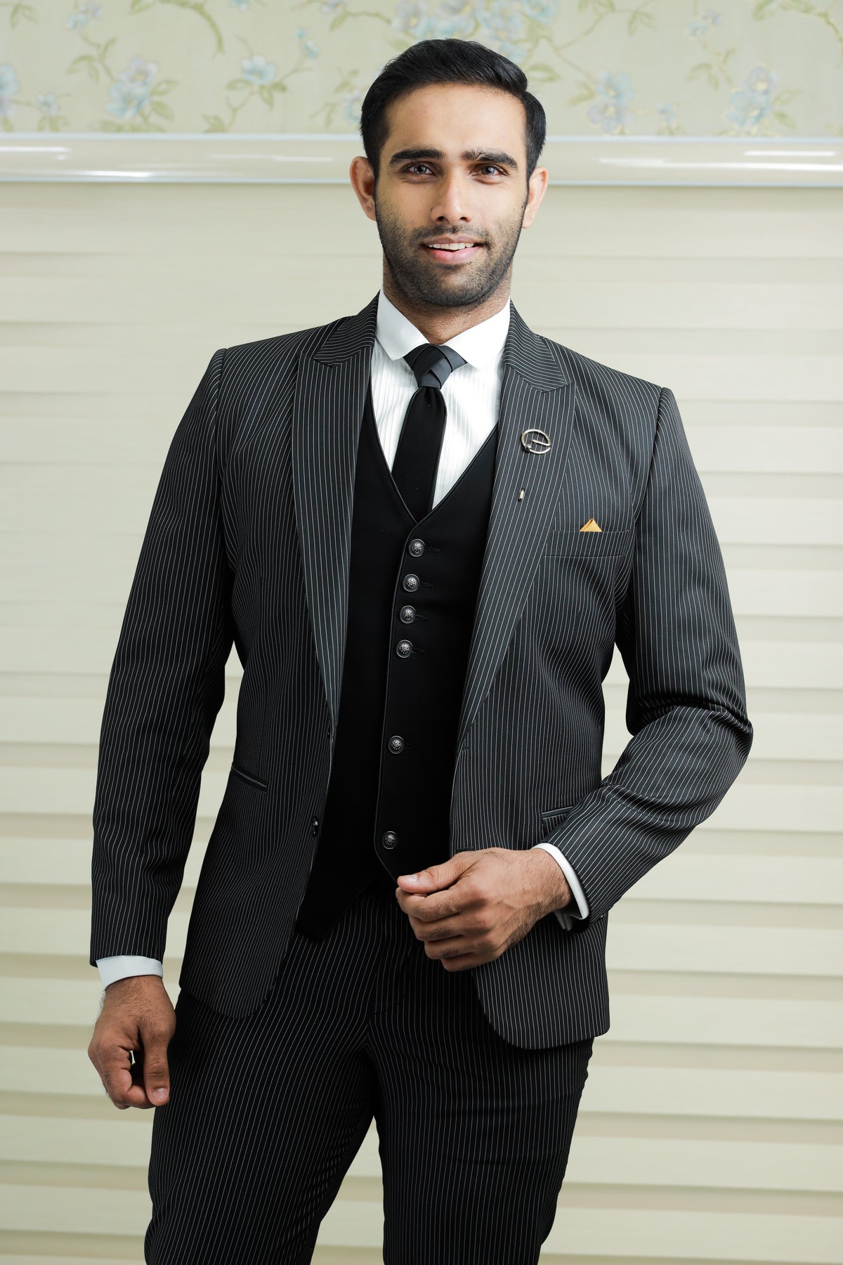 Pin Stripe Grey 3 Piece Suit with Black Contrast Waistcoat & Pants (Set of 4)