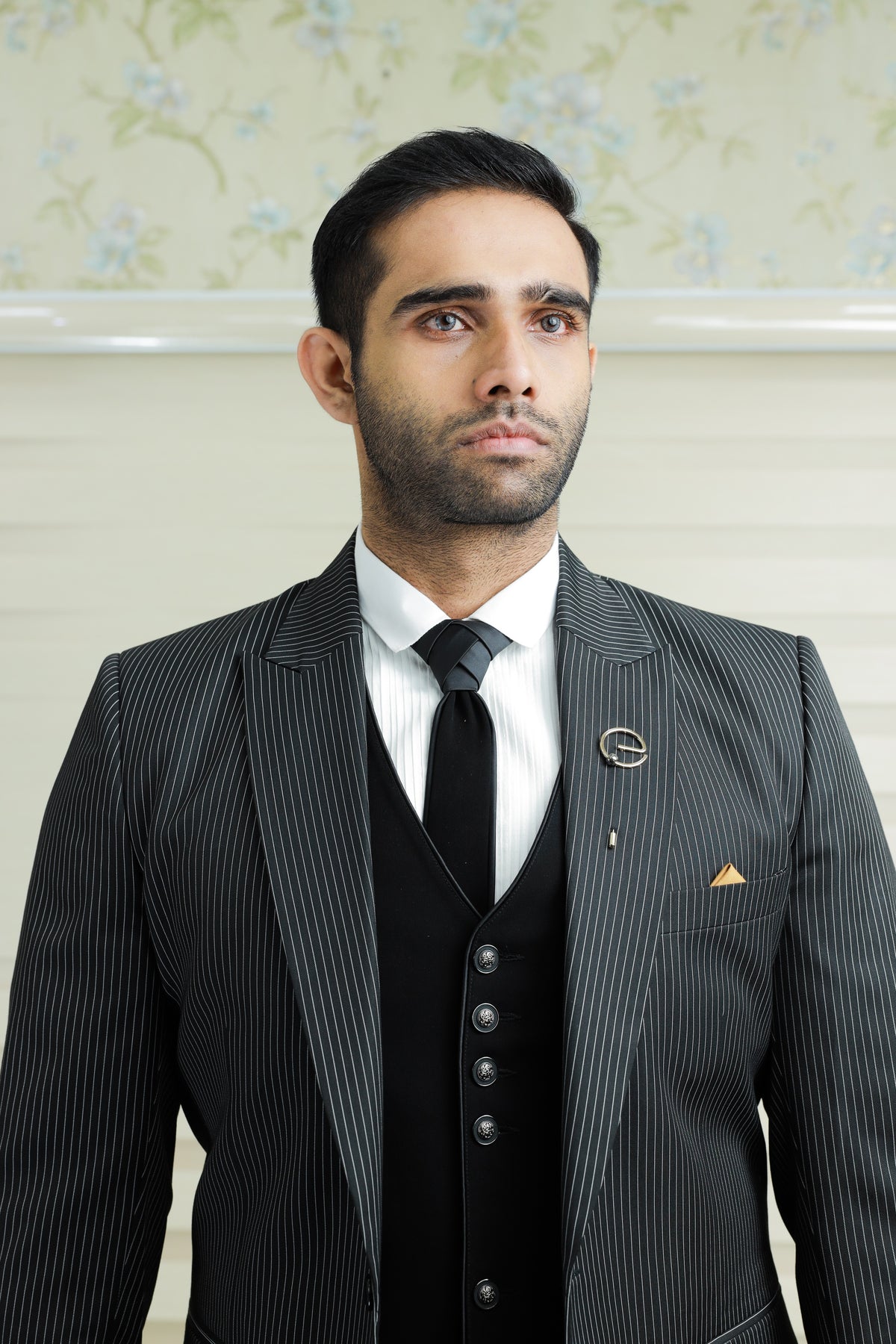 Pin Stripe Grey 3 Piece Suit with Black Contrast Waistcoat & Pants (Set of 4)