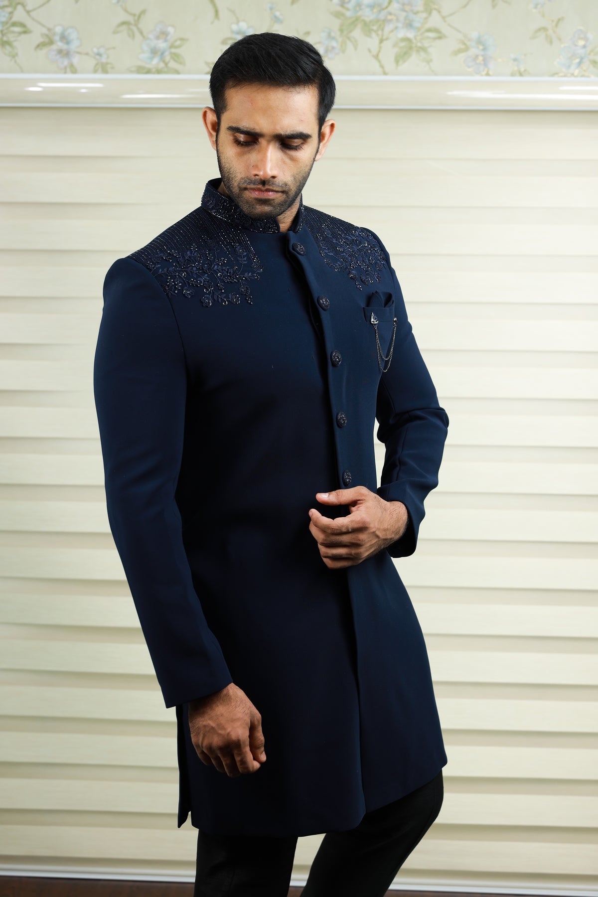 Oxford Blue Indo Western Achkan Suit With Bead & Thread Handwork Detailing paired with Black Narrow Pants (Set of 2)