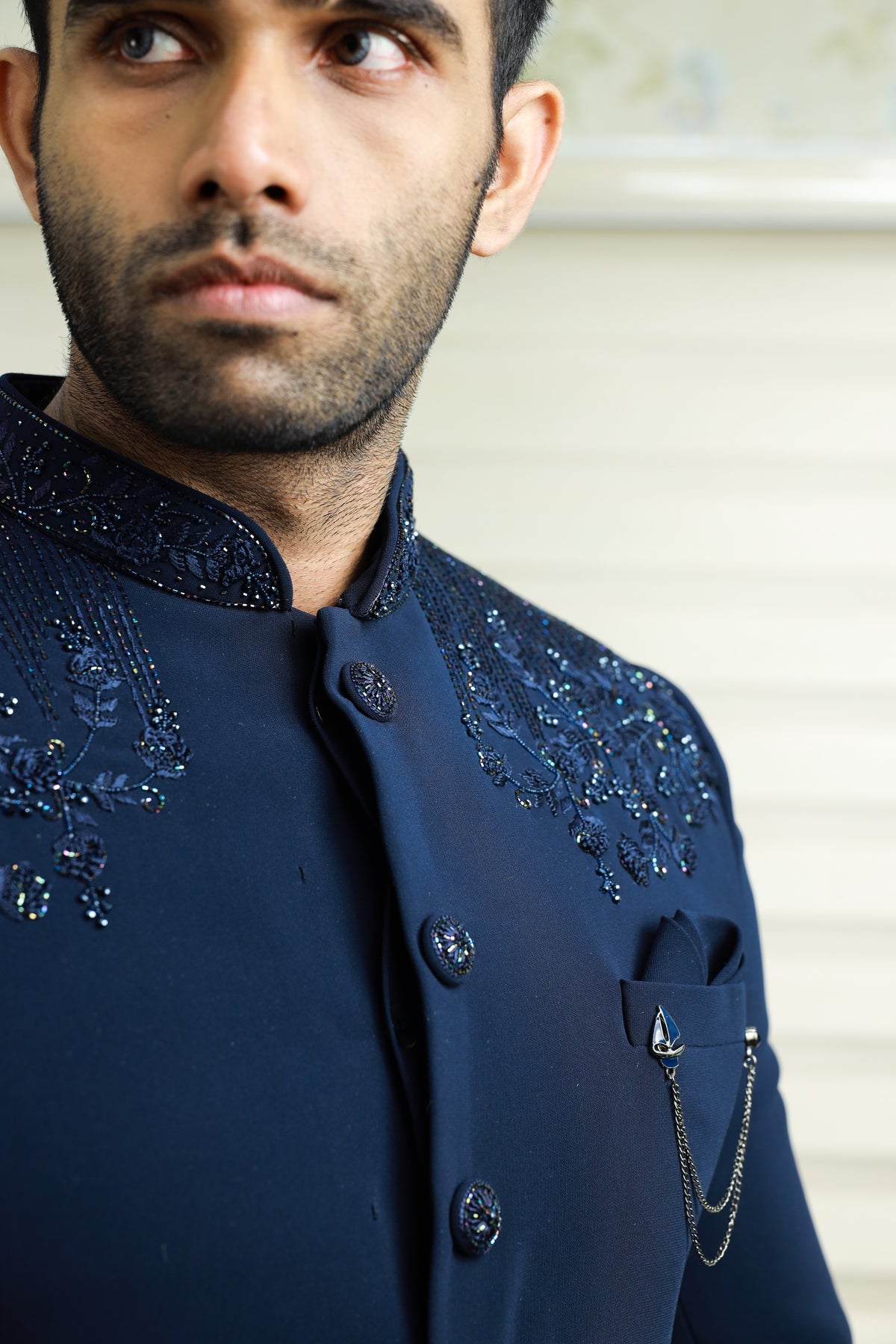 Oxford Blue Indo Western Achkan Suit With Bead & Thread Handwork Detailing paired with Black Narrow Pants (Set of 2)