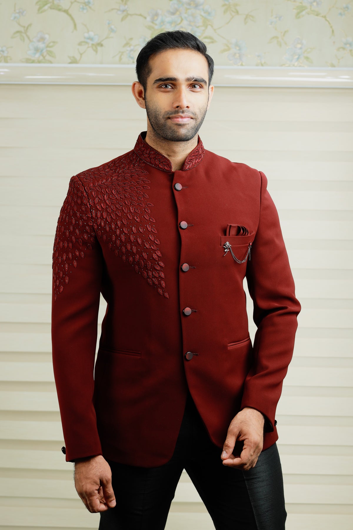 Barn Red Indo Western Bandhgala Suit With Thread Handwork Detailing paired with Black Narrow Pants (Set of 2)