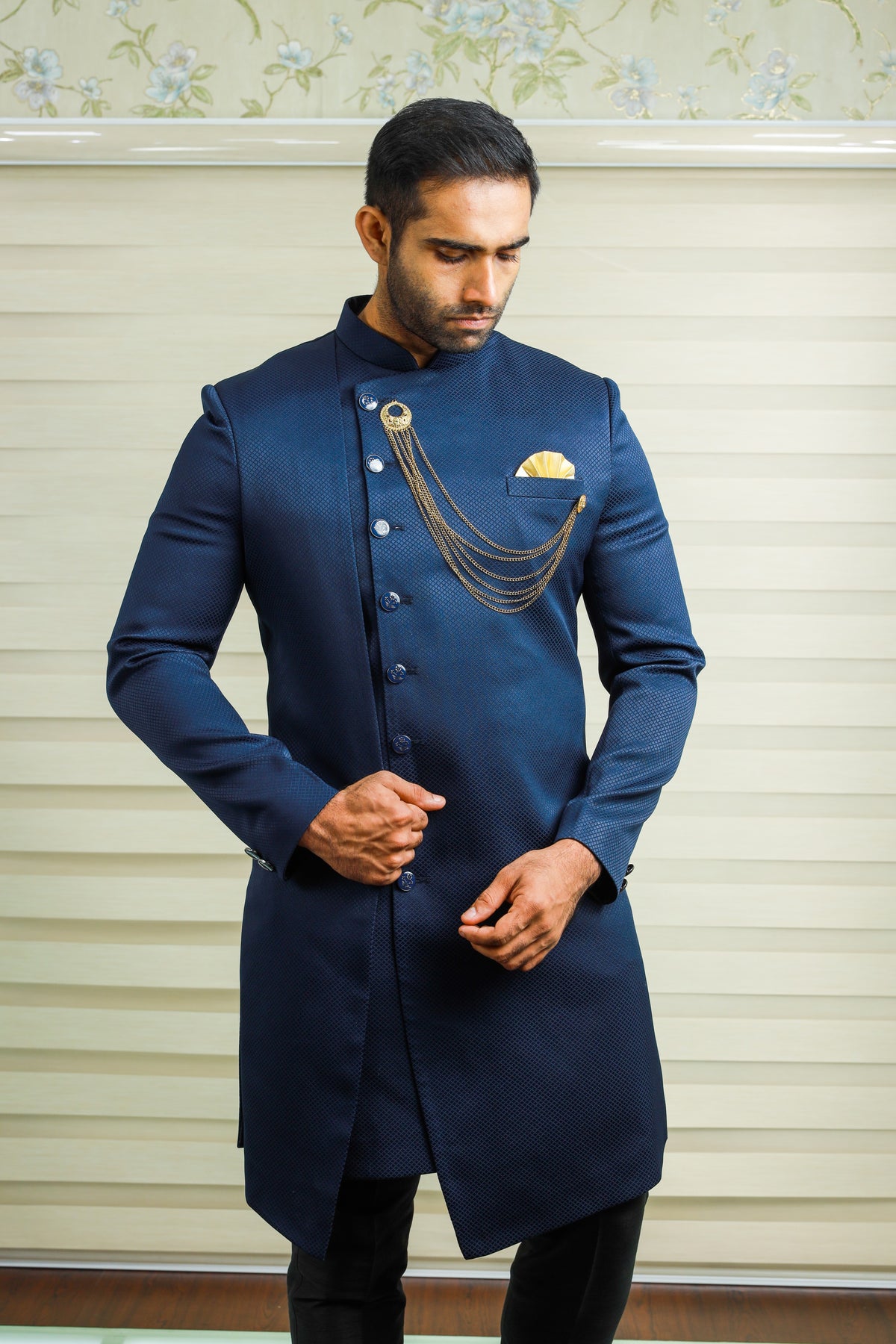 Prussian Blue Indo Western Side Open Achkan Suit with Black Narrow Pants (Set of 2)