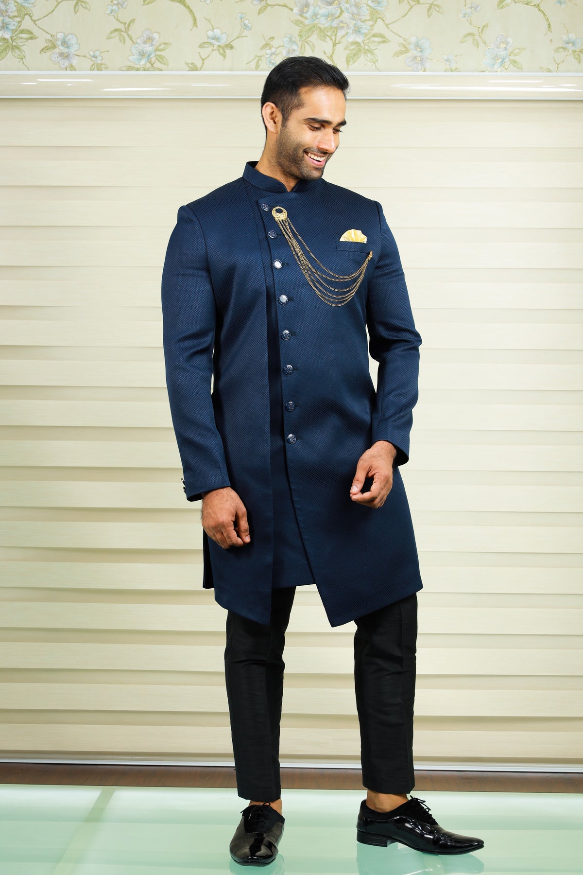 Prussian Blue Indo Western Side Open Achkan Suit with Black Narrow Pants (Set of 2)