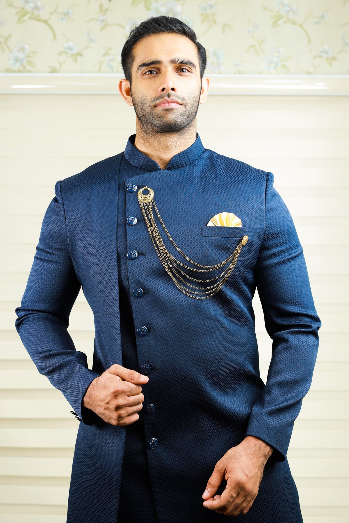 Prussian Blue Indo Western Side Open Achkan Suit with Black Narrow Pants (Set of 2)