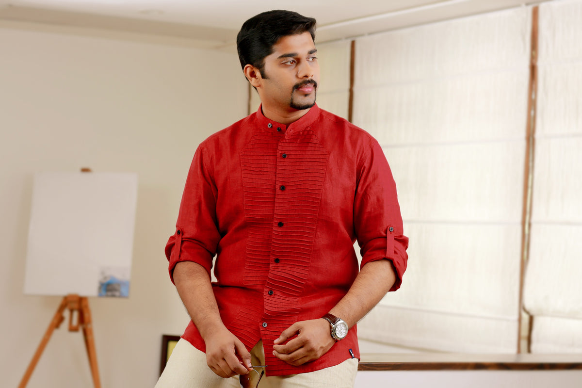 Scarlet Red Horizontal Tuck Designer Linen Shirt with Black Contrast Button Closure (Only Shirt)