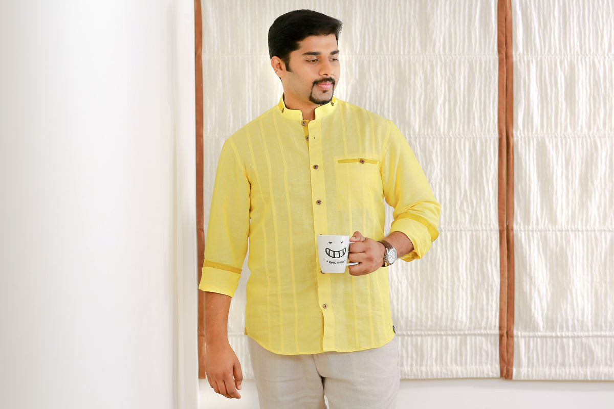 Pastel Yellow Linen Chinese Collar Shirt with Contrast Mustard Yellow Detailing (Only Shirt)