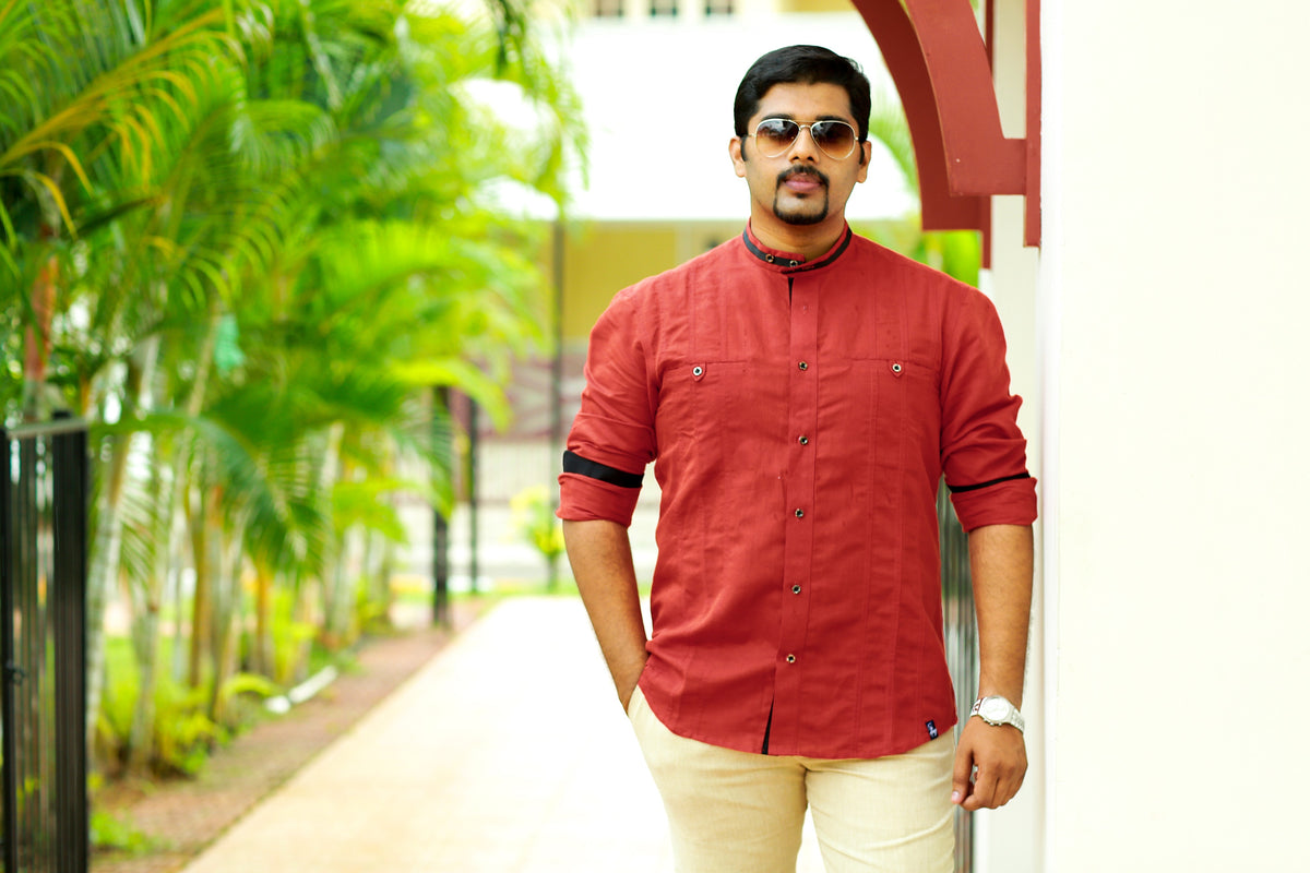 Ruby Red Linen Shirt with Black Contrast Detailing on Neck, Sleeves & Placket (Only Shirt)