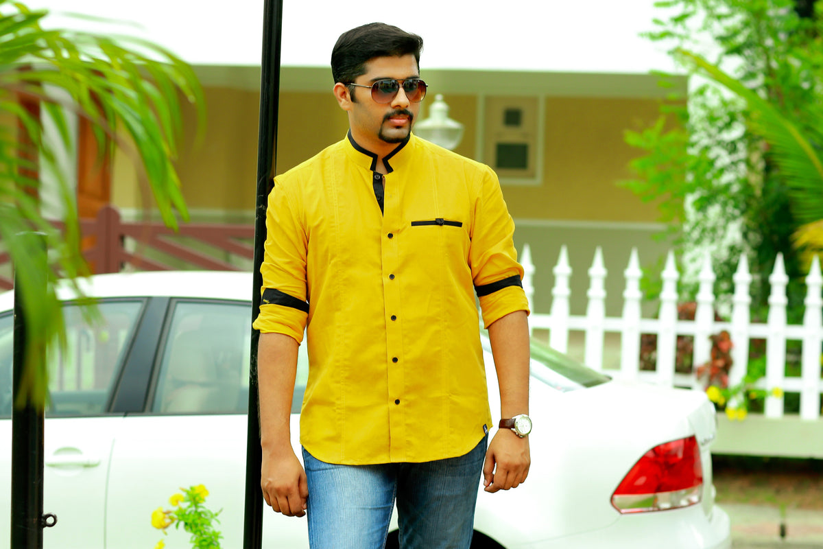Ripe Yellow Chinese Collar Linen Shirt with Black Contrast Detailing on Neck, Placket, Pocket & Sleeves (Only Shirt)