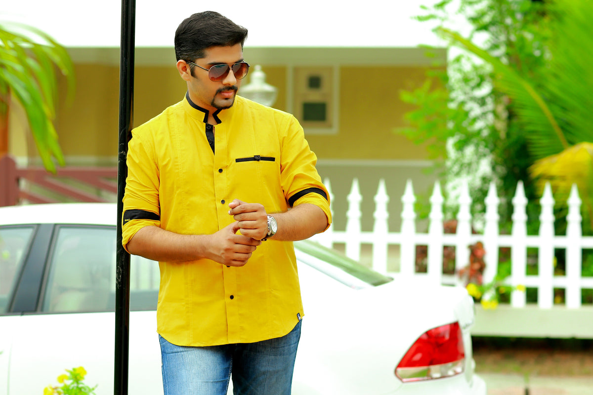 Ripe Yellow Chinese Collar Linen Shirt with Black Contrast Detailing on Neck, Placket, Pocket & Sleeves (Only Shirt)