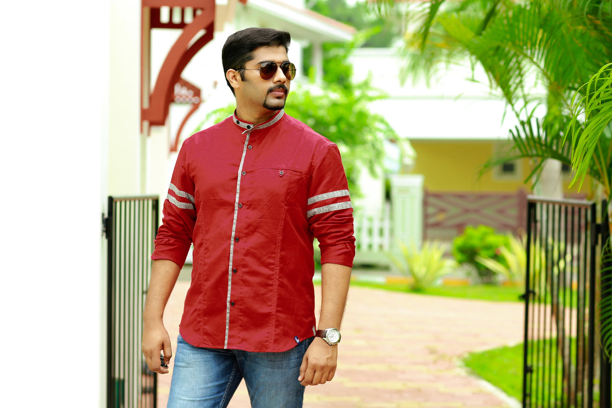 Barn Red Linen Shirt With Grey Contrast Detailing on Placket & Sleeves (Only Shirt)
