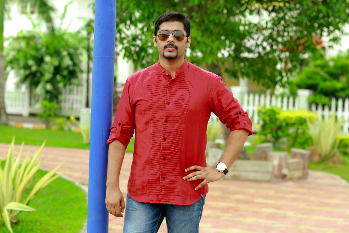 Scarlet Red Horizontal Tuck Designer Linen Shirt with Black Contrast Button Closure (Only Shirt)