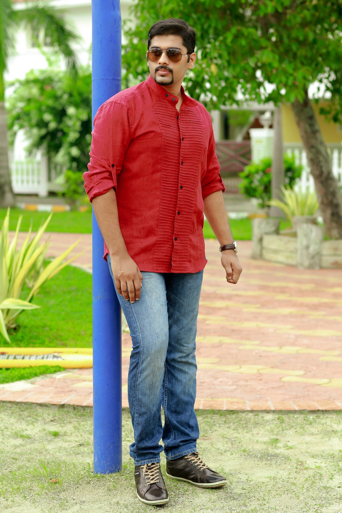 Scarlet Red Horizontal Tuck Designer Linen Shirt with Black Contrast Button Closure (Only Shirt)