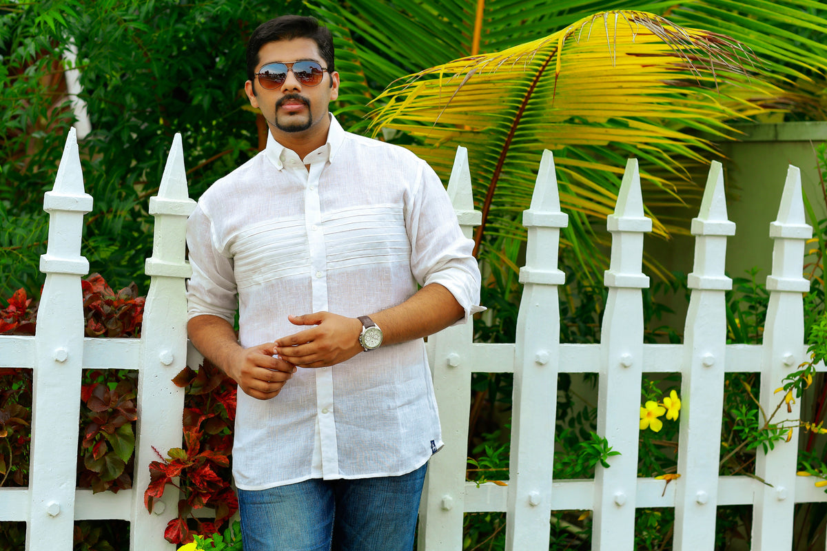 Pearl White Buttondown Collar Shirt with Horizontal Self Tuck Detailing (Only Shirt)
