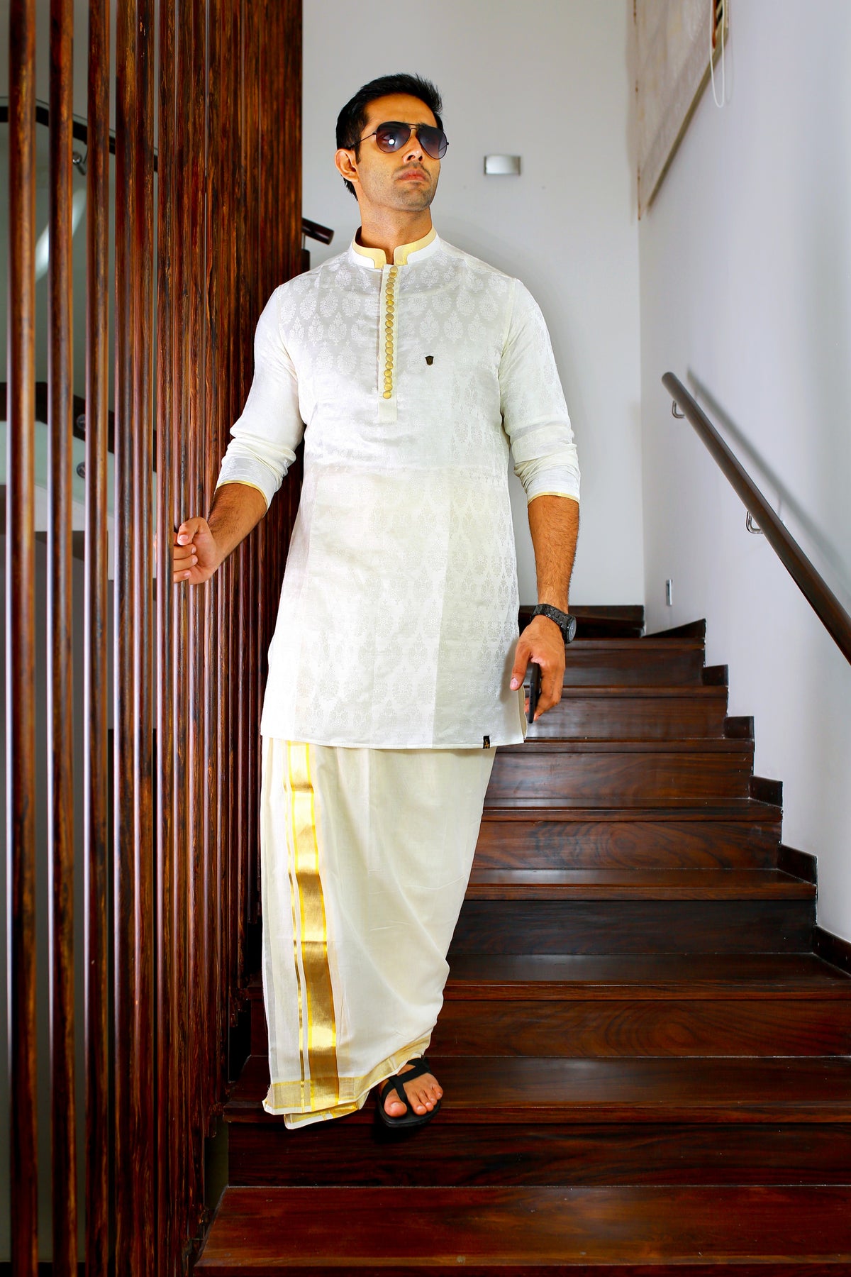 White Brocade Silk Kurta Set Golden Zari Detailing on Buttons, Neck & Sleeves (Kurta + Kasavu Munde)