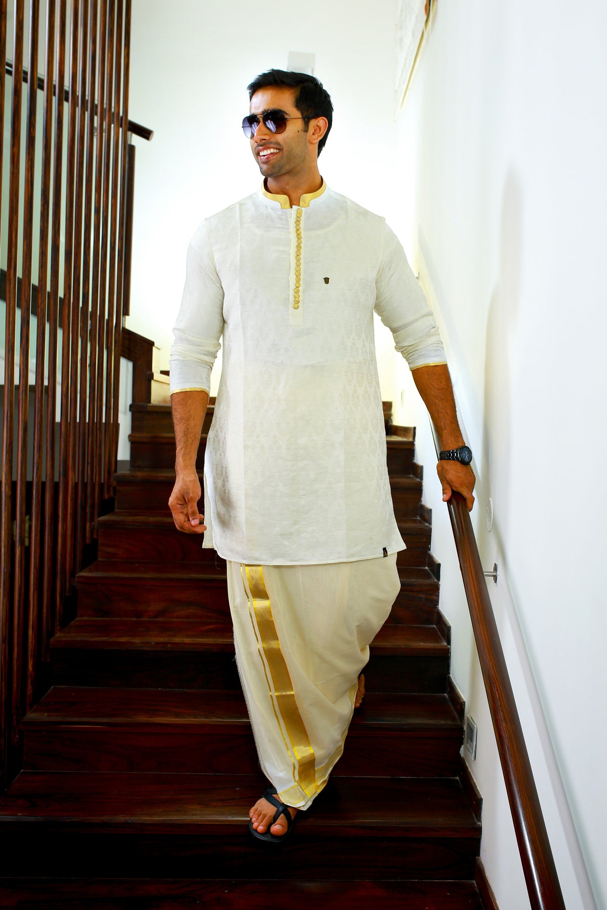 White Brocade Silk Kurta Set Golden Zari Detailing on Buttons, Neck & Sleeves (Kurta + Kasavu Munde)