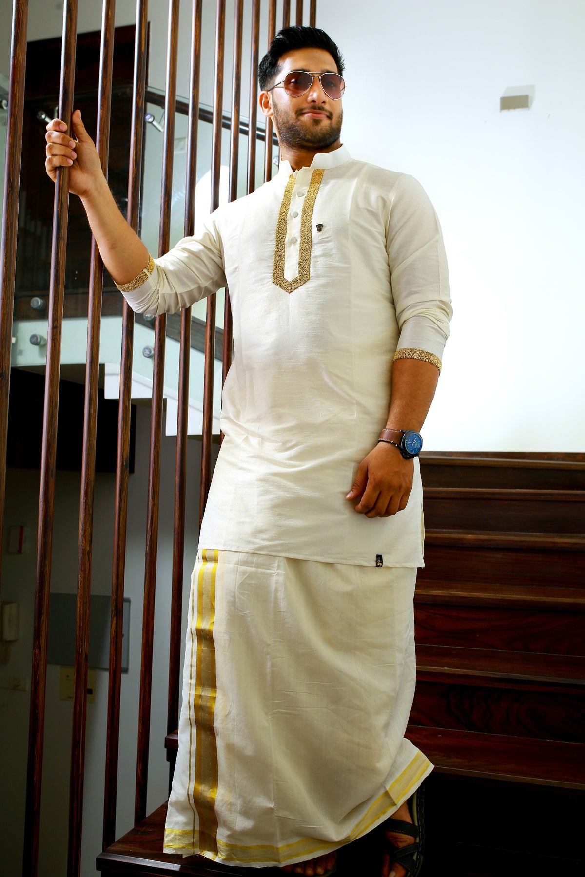 Off White Silk Kurta with Hand Work Detailing on Placket (Only Kurta)