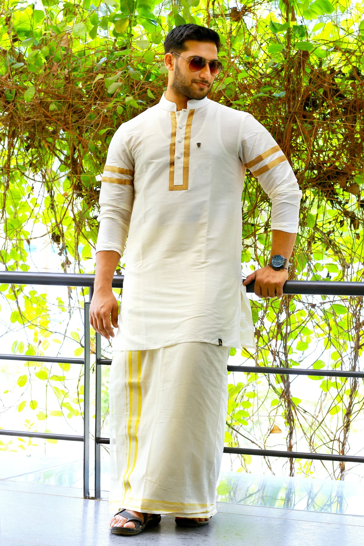 Off White Silk Kurta Set with Golden Zari Detailing on Placket & Sleeves (Kurta + Kasavu Munde)