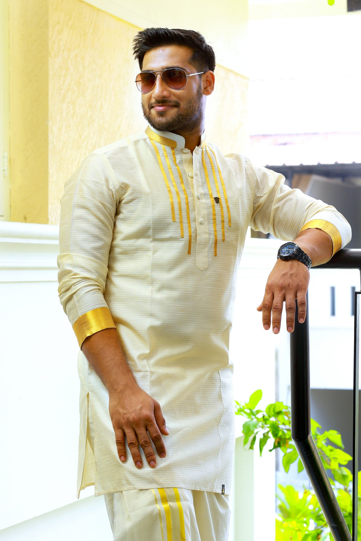 Off White Silk Kurta Set with Vertical Golden Zari Line Detailing on Chest & Sleeves (Kurta + Kasavu Munde)