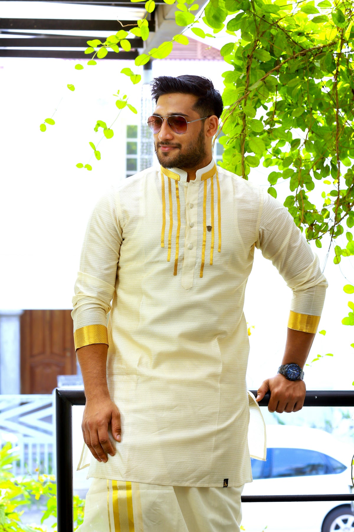 Off White Silk Kurta Set with Vertical Golden Zari Line Detailing on Chest & Sleeves (Kurta + Kasavu Munde)