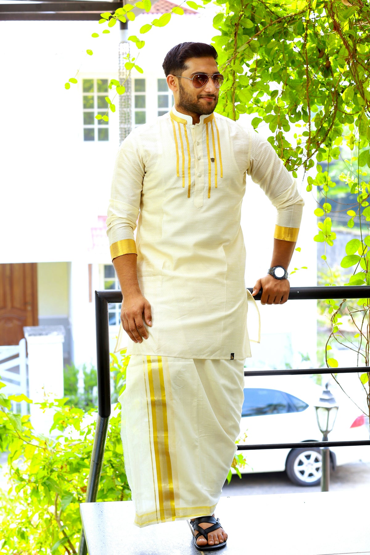 Off White Silk Kurta with Vertical Golden Zari Line Detailing on Chest & Sleeves (Only Kurta)