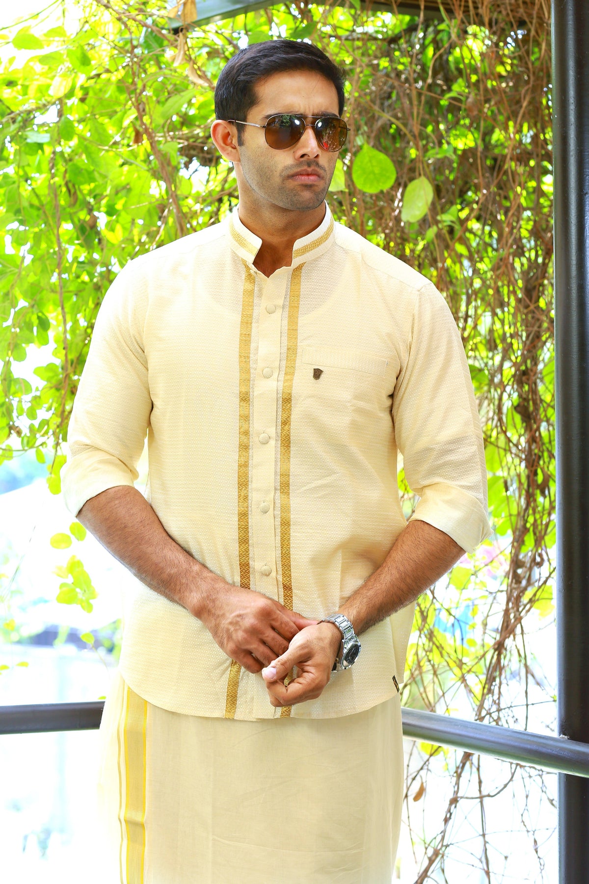 Off White Dotted Silk Chinese Collar Shirt with Gold Zari Detailing (Shirt + Kasavu Munde )