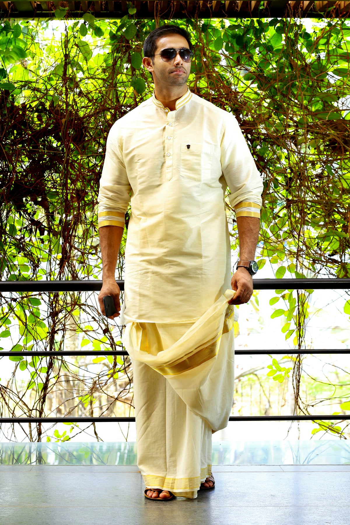 Off White Silk Kurta with Golden Zari Detailing on Neck & Sleeves (Only Kurta)