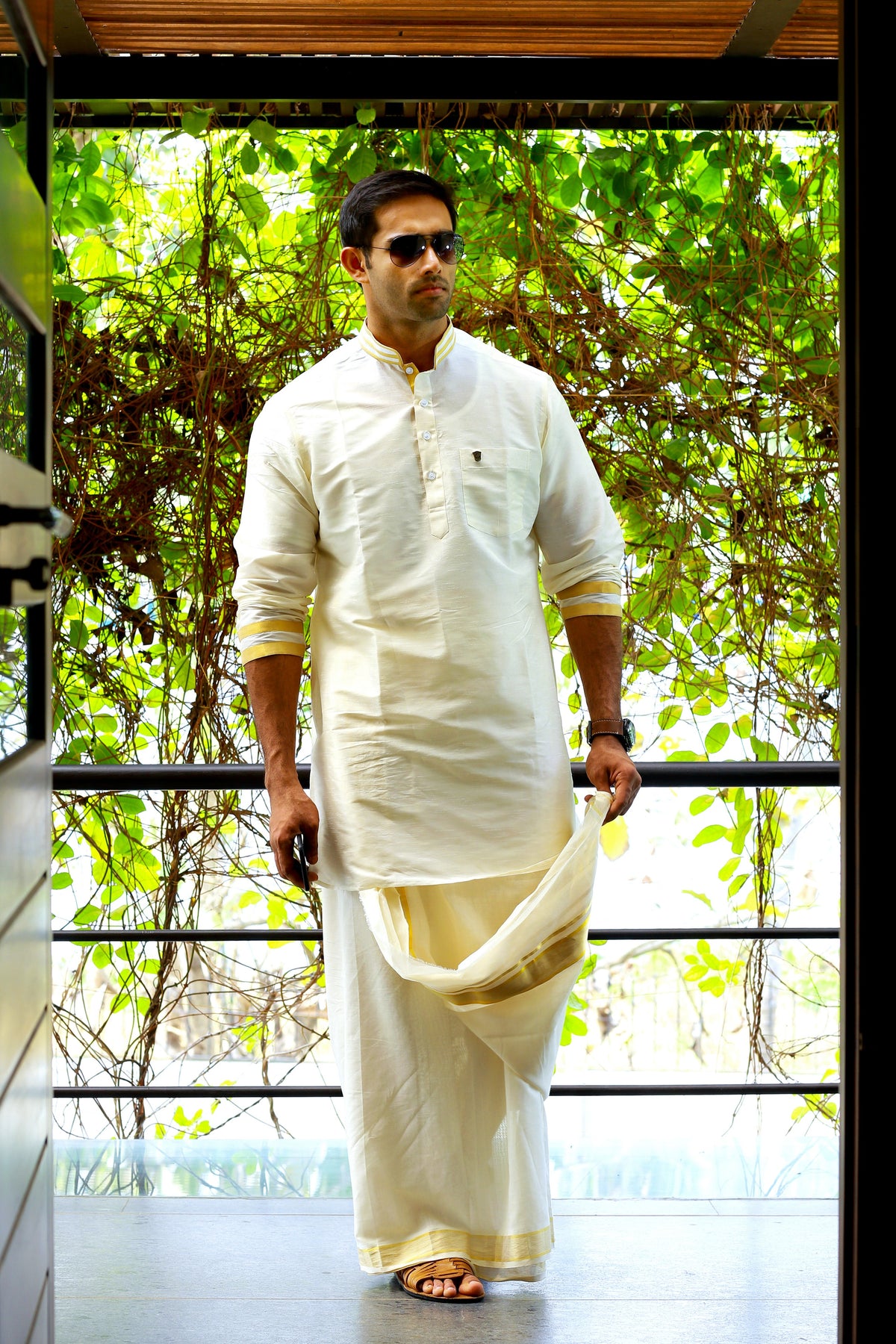 Off White Silk Kurta with Golden Zari Detailing on Neck & Sleeves (Only Kurta)