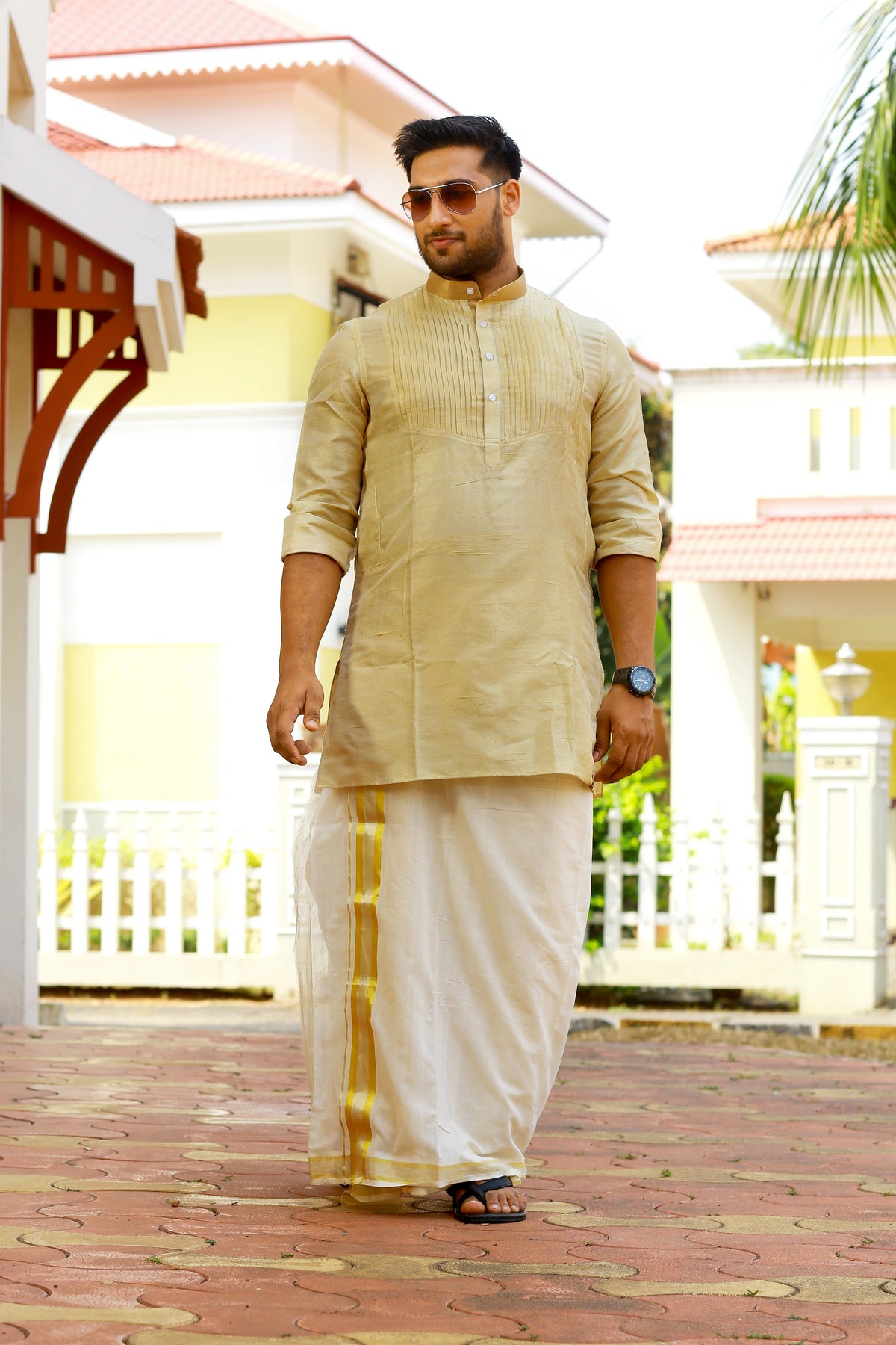 Golden Vertical Pleated Kurta Set with Gold Zari Detailing on Neck (Kurta + Kasavu Munde)