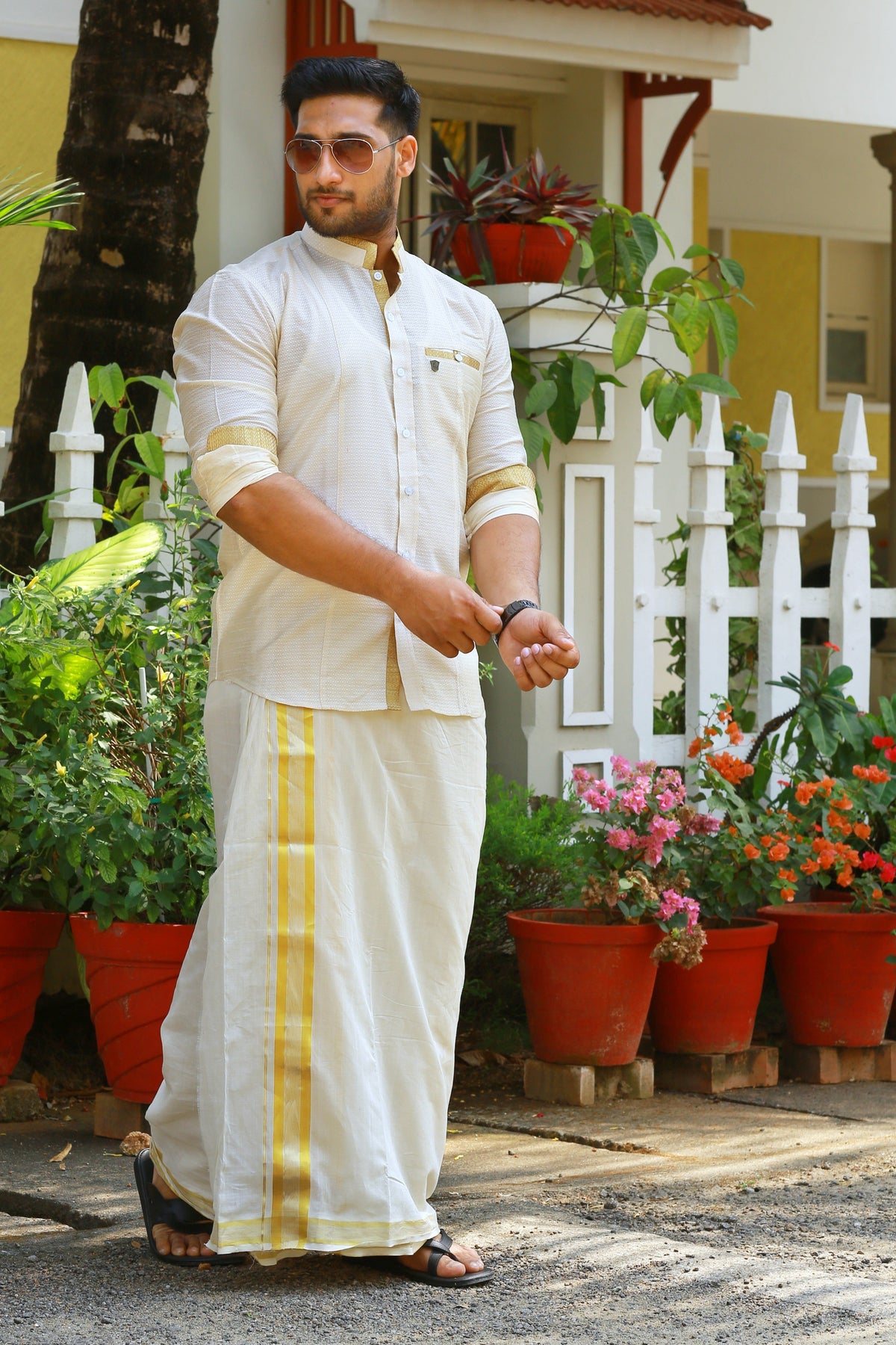 Off White Dotted Silk Chinese Collar Shirt with Gold Zari Detailing (Shirt + Kasavu Munde )