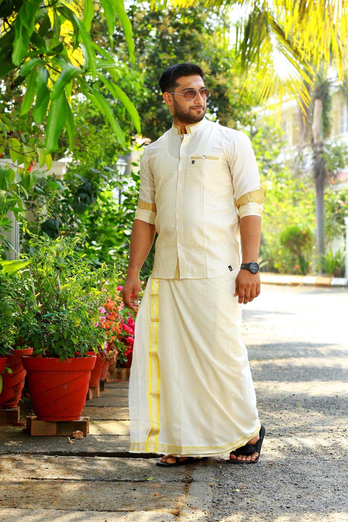 Off White Dotted Silk Chinese Collar Shirt with Gold Zari Detailing (Shirt + Kasavu Munde )