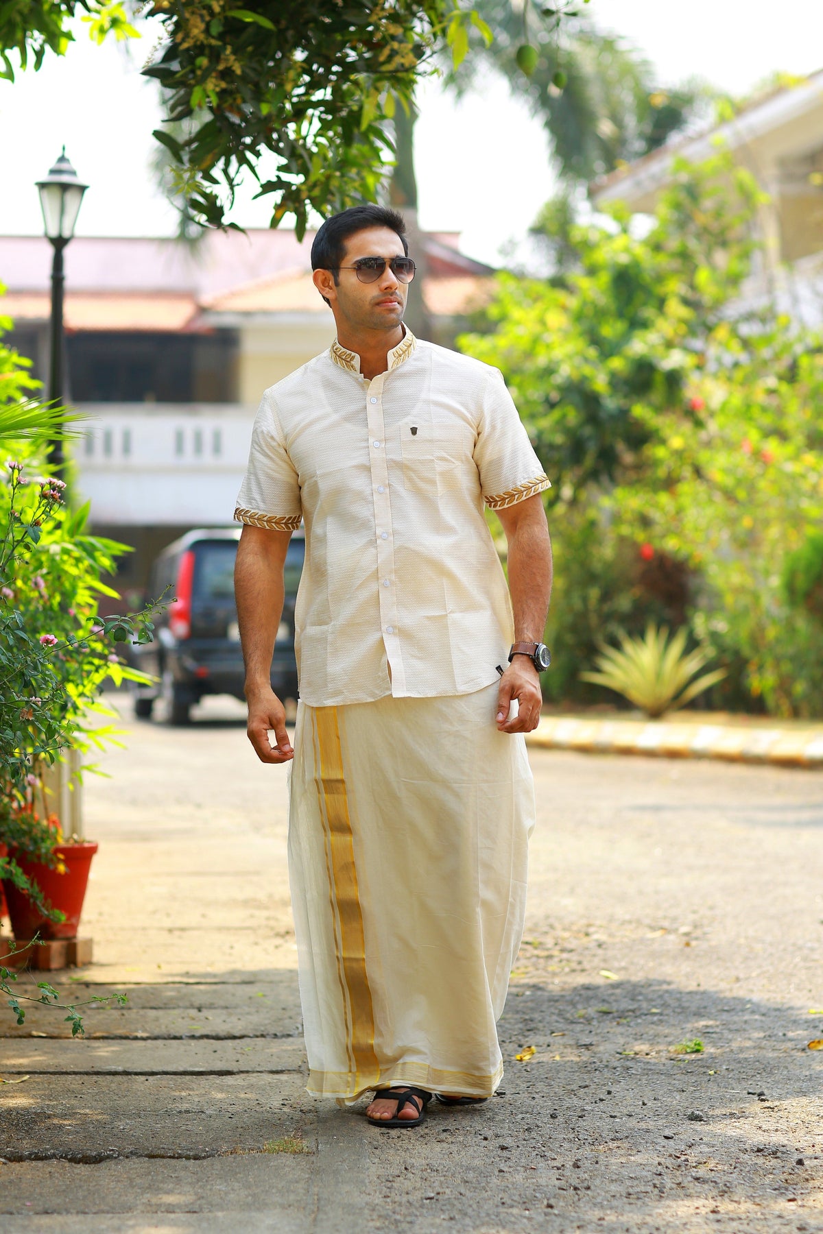 Off White Dotted Silk Chinese Collar Shirt with Gold Zari Detailing & Handwork Embroidery on Neck & Sleeves (Shirt + Kasavu Munde )