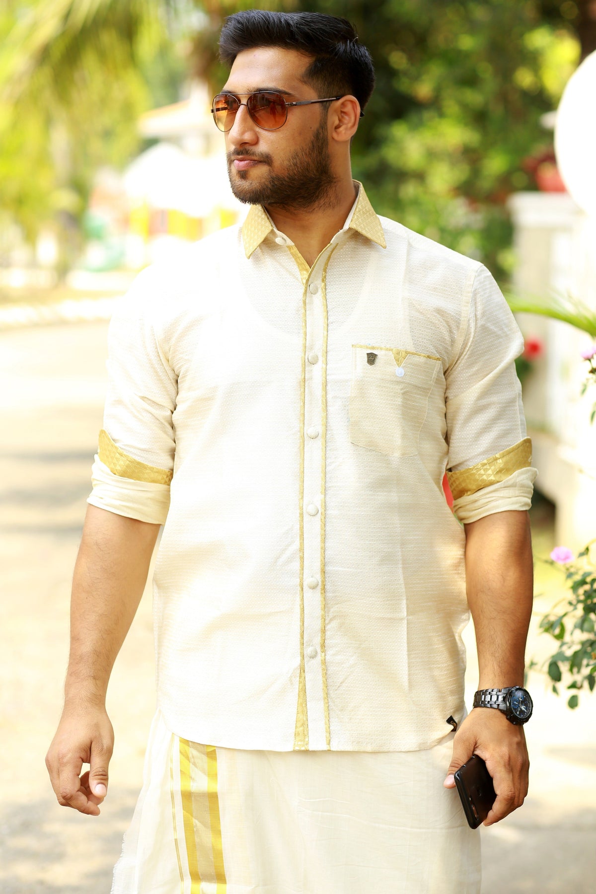 Off White Dotted Silk Cutaway Collar Shirt with Gold Zari Detailing (Shirt + Kasavu Munde )