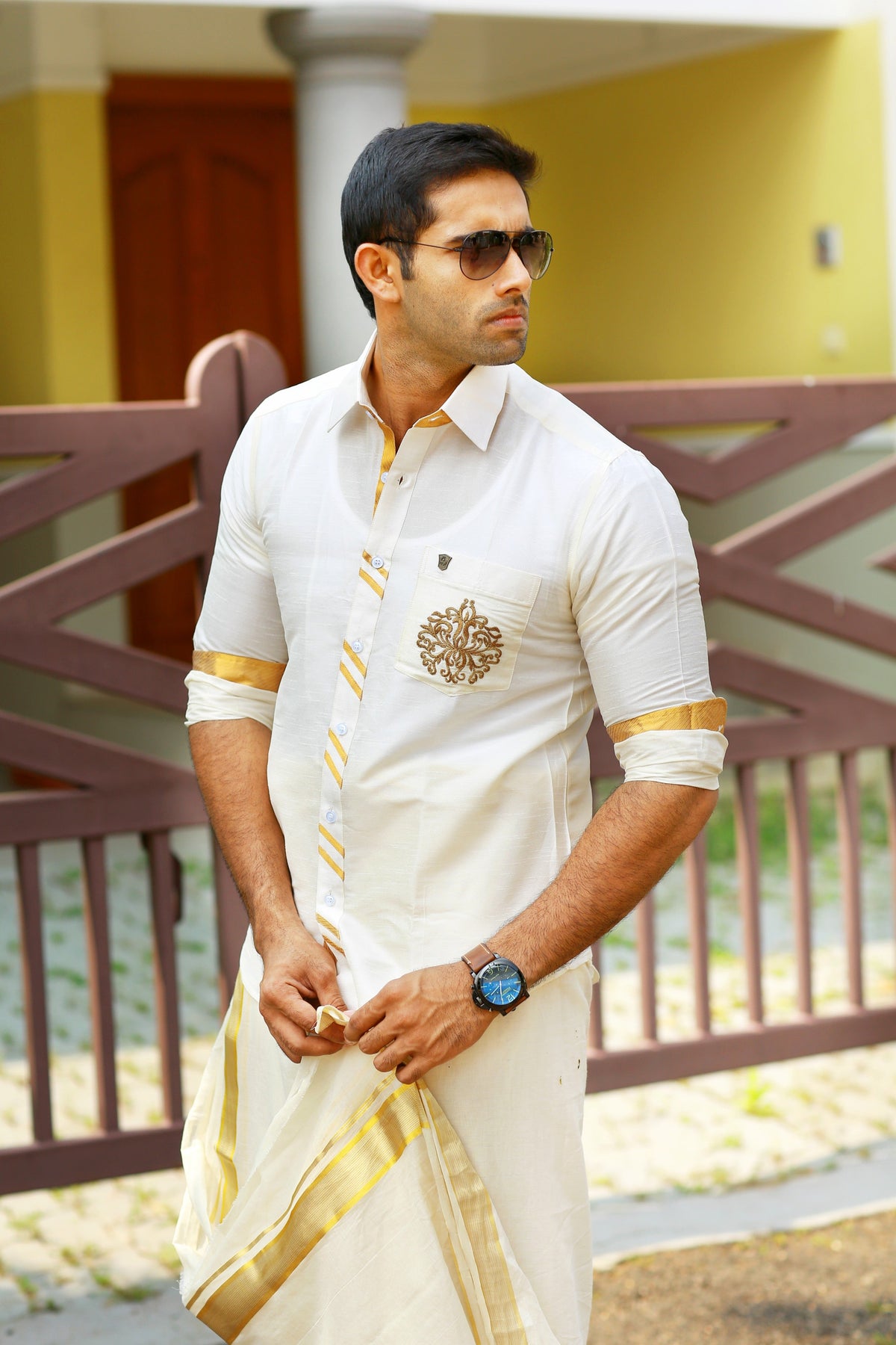 Off White Plain Silk Chinese Collar Shirt with Gold Zari Detailing & Hand Embroidery on Pocket (Shirt + Kasavu Munde )