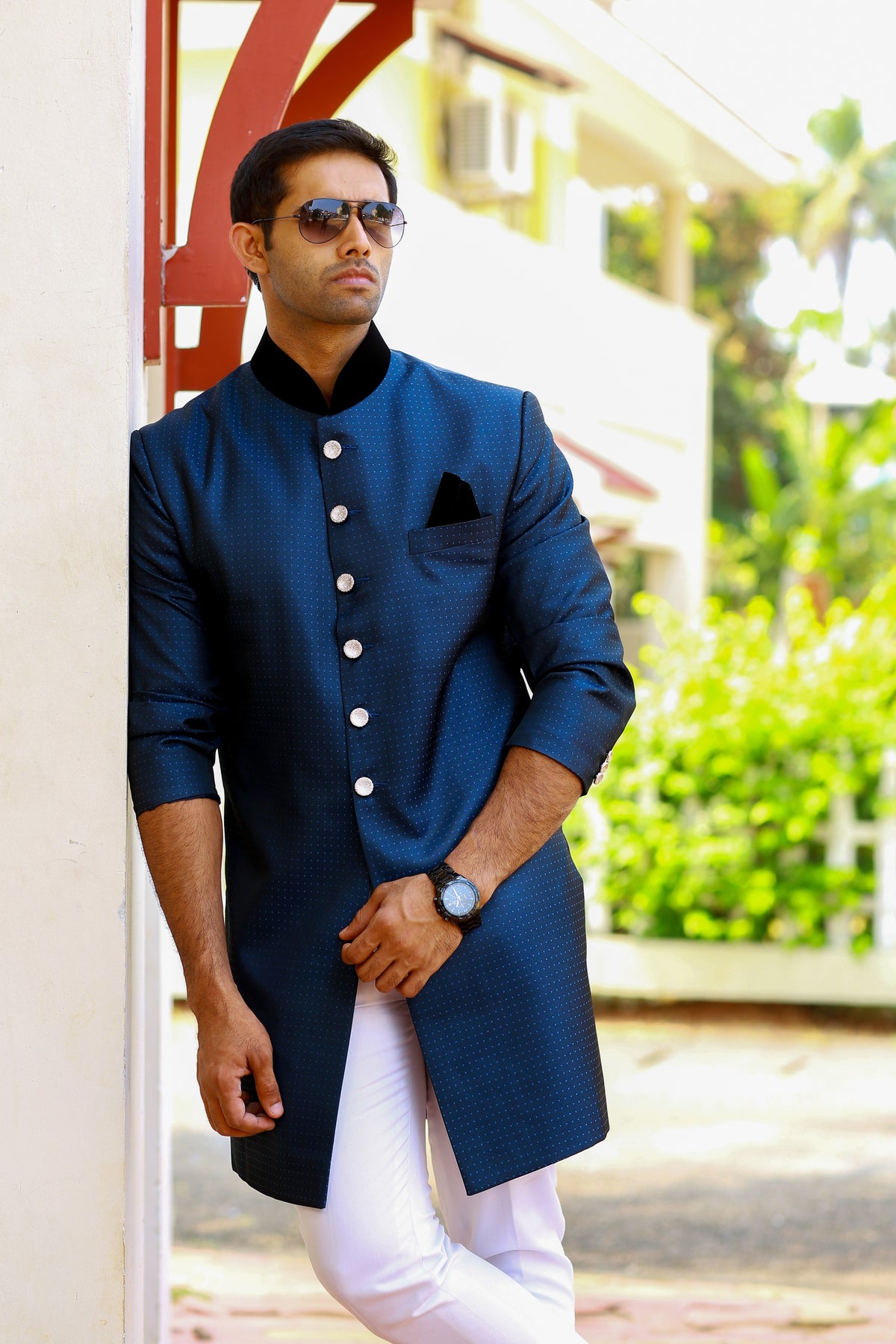 Dotted Oxford Blue Indo Western Slim Achkan Suit paired with White Narrow Pants (Set of 2)
