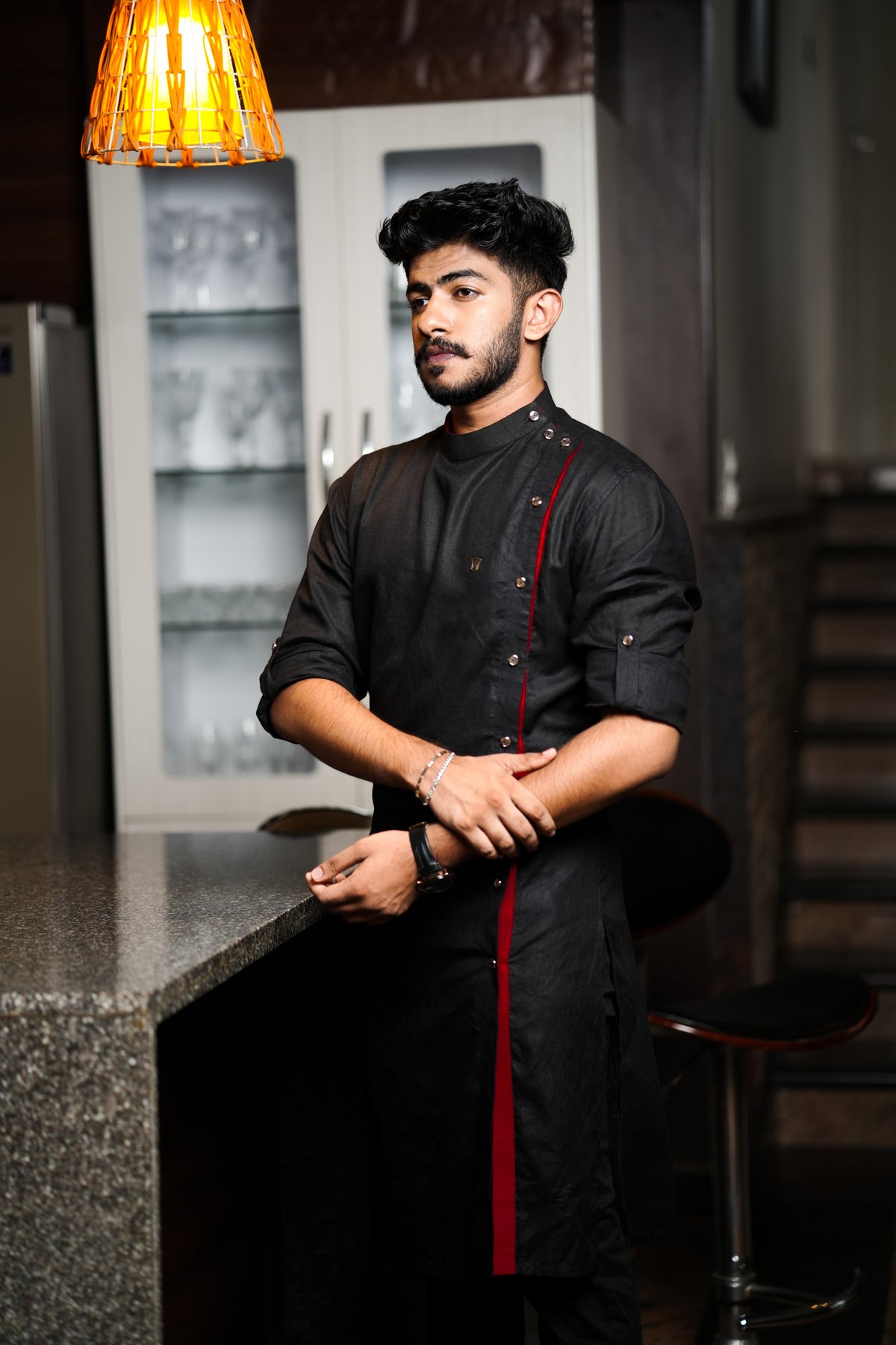 Side Full Open Black Kurta Set with Red Placket Detailing (Kurta + Black Bottom Pants)