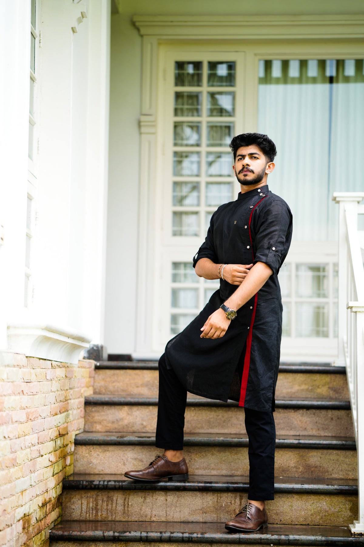 Side Full Open Black Kurta with Red Placket Detailing (Only Kurta)