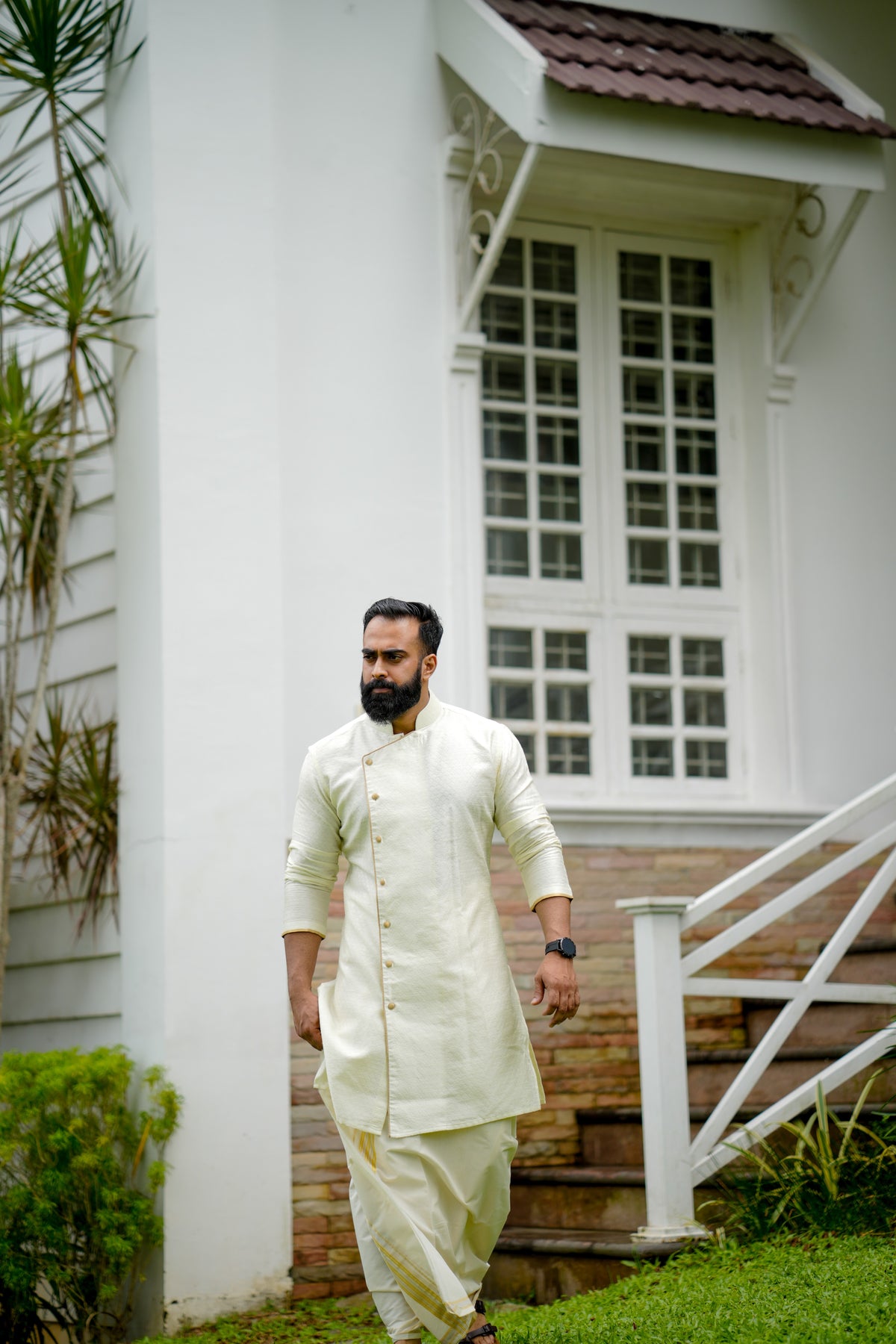 Ivory Cream Side Open Wedding Kurta with Golden Pipping Detailing (Only Kurta)