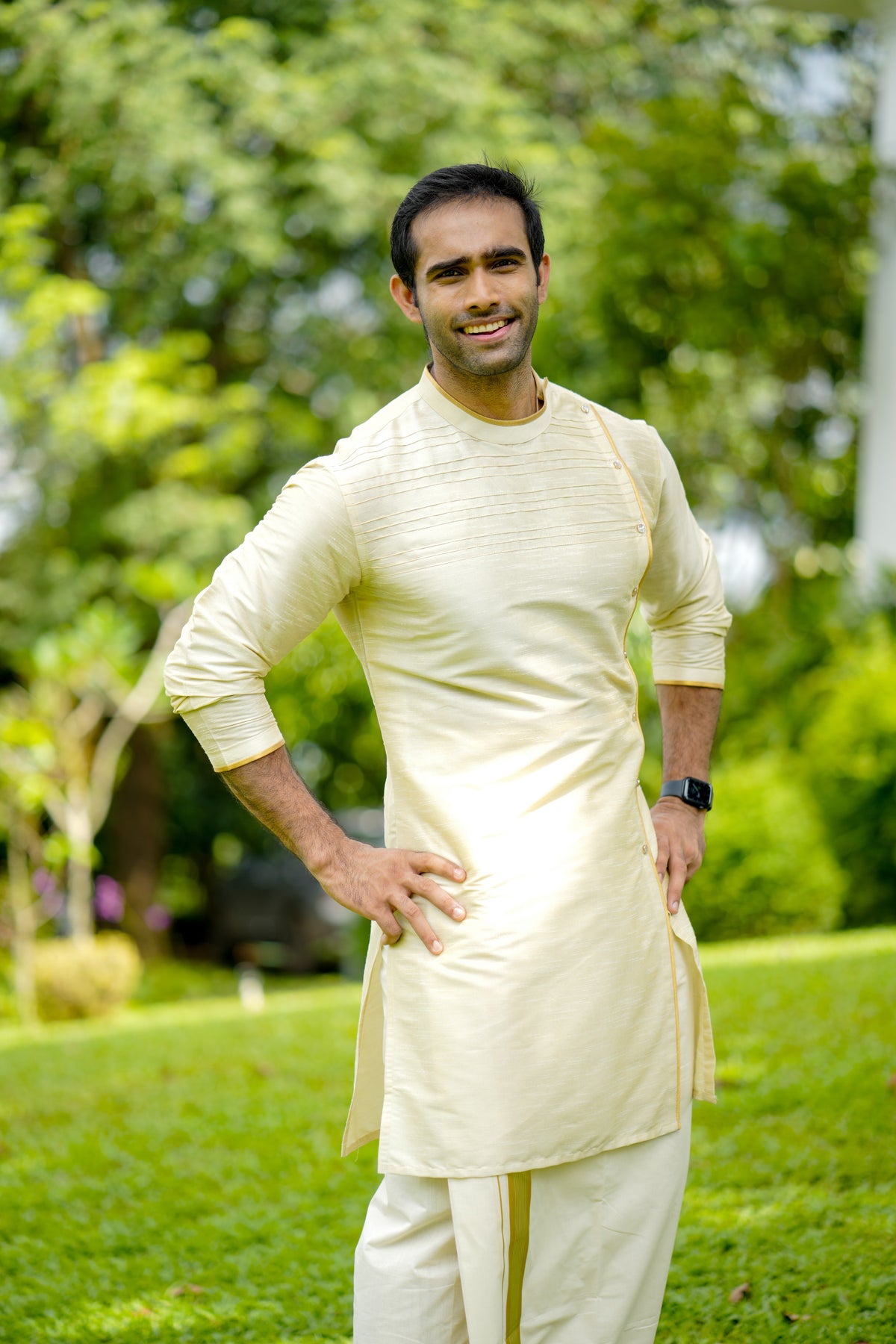 Parchment Cream Wedding Kurta with Sequence & Horizontal Zari Thread Golden Detailing (Only Kurta)