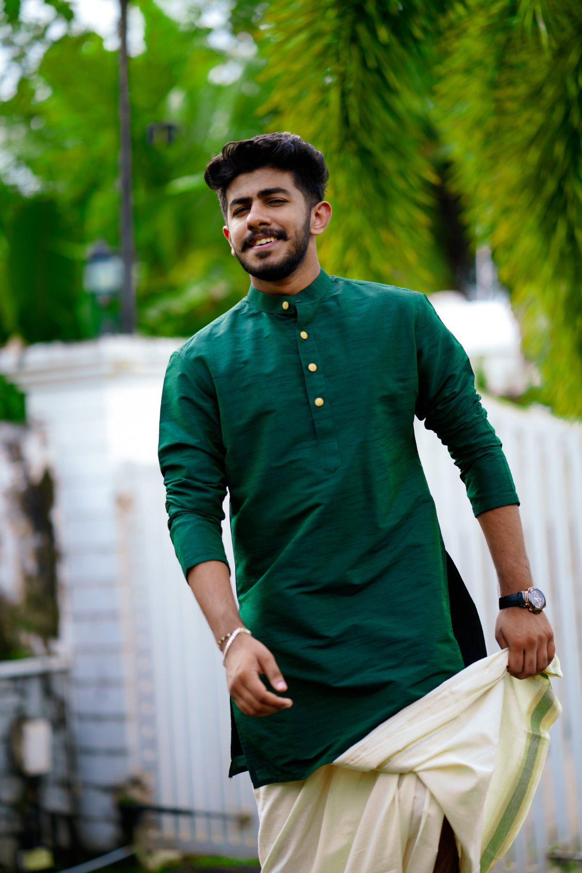 Pine Green Kurta Set with Golden Button Detailing (Kurta + Kasavu Munde)