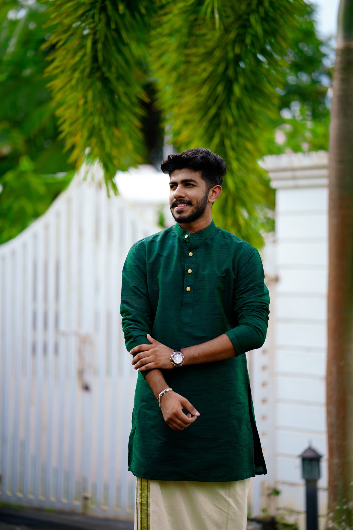 Pine Green Kurta Set with Golden Button Detailing (Kurta + Kasavu Munde)