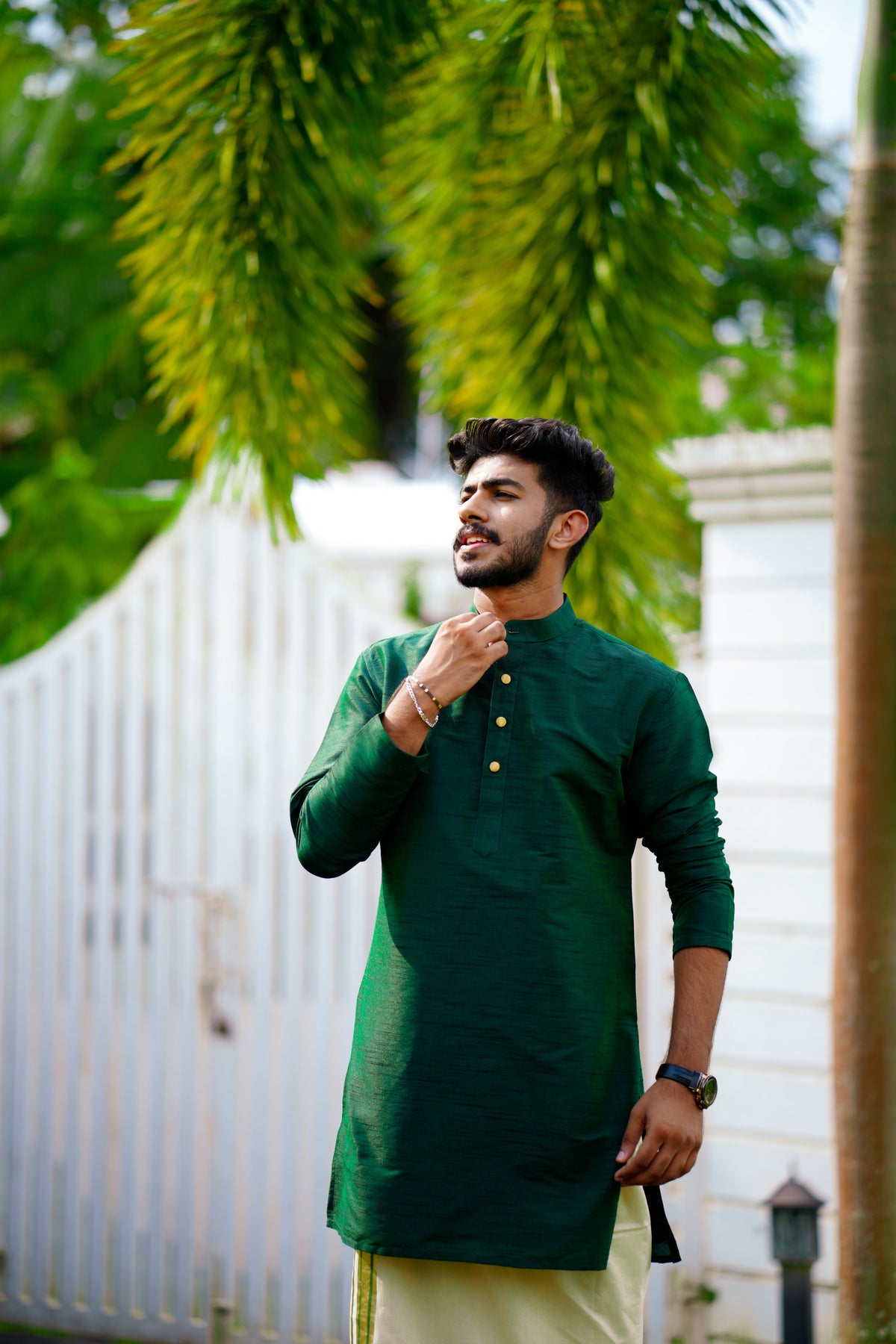 Pine Green Kurta Set with Golden Button Detailing (Kurta + Kasavu Munde)