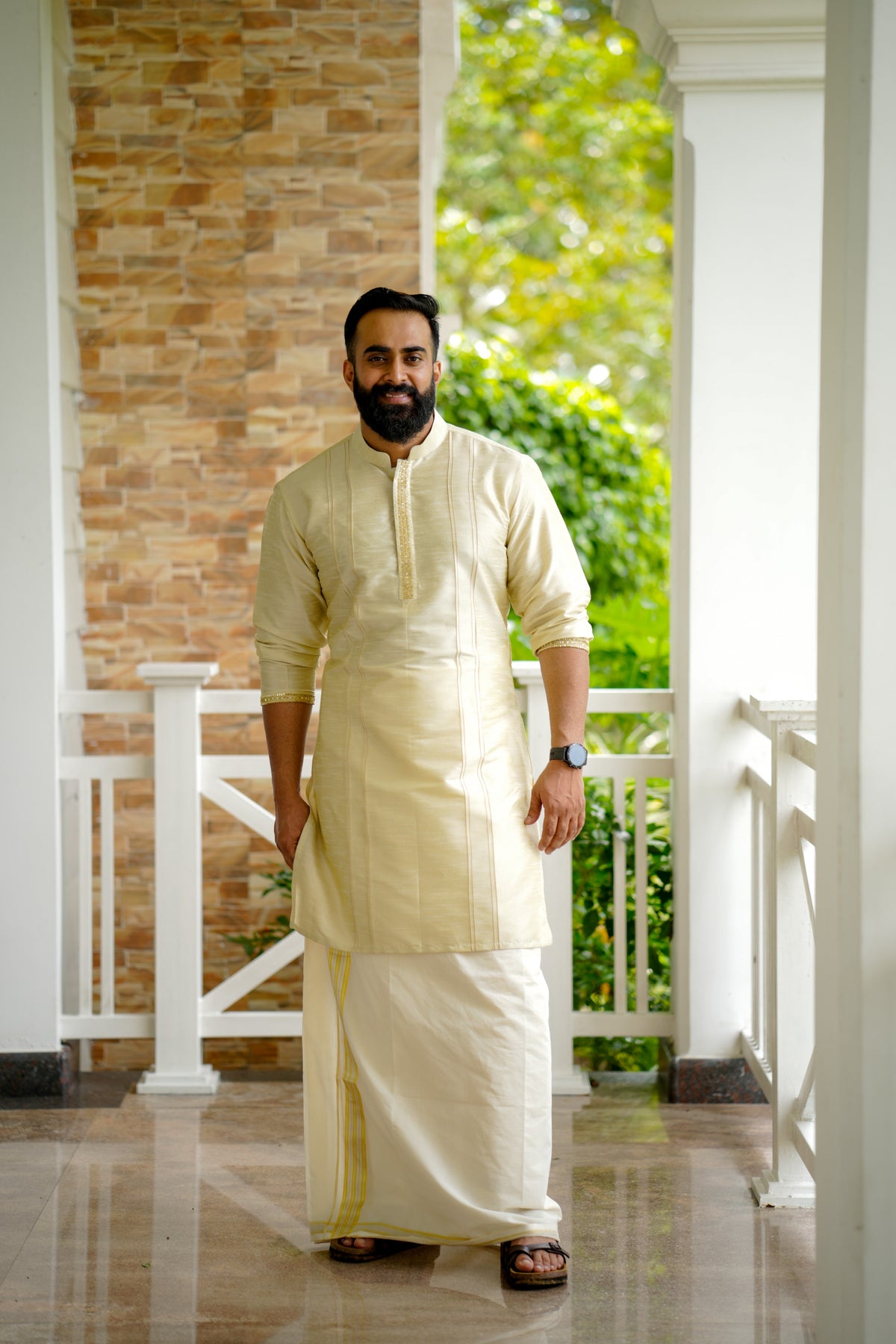 Parchment Cream Wedding Kurta Set with Sequence & Zari Thread Golden Detailing (Kurta + Kasavu Munde)