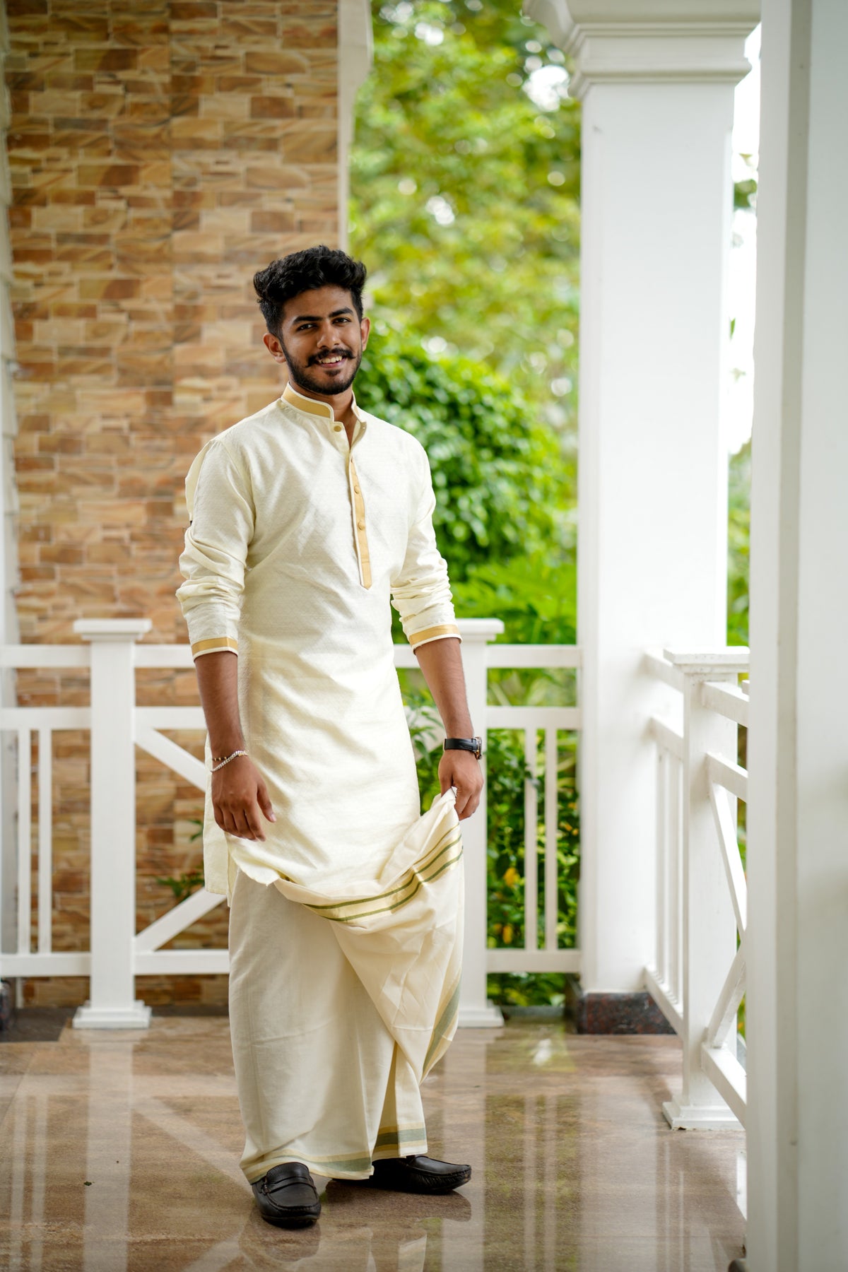 Off White Self Textured Silk Kurta With Golden Zari Detailing on Neck, Placket & Sleeves (Only Kurta)