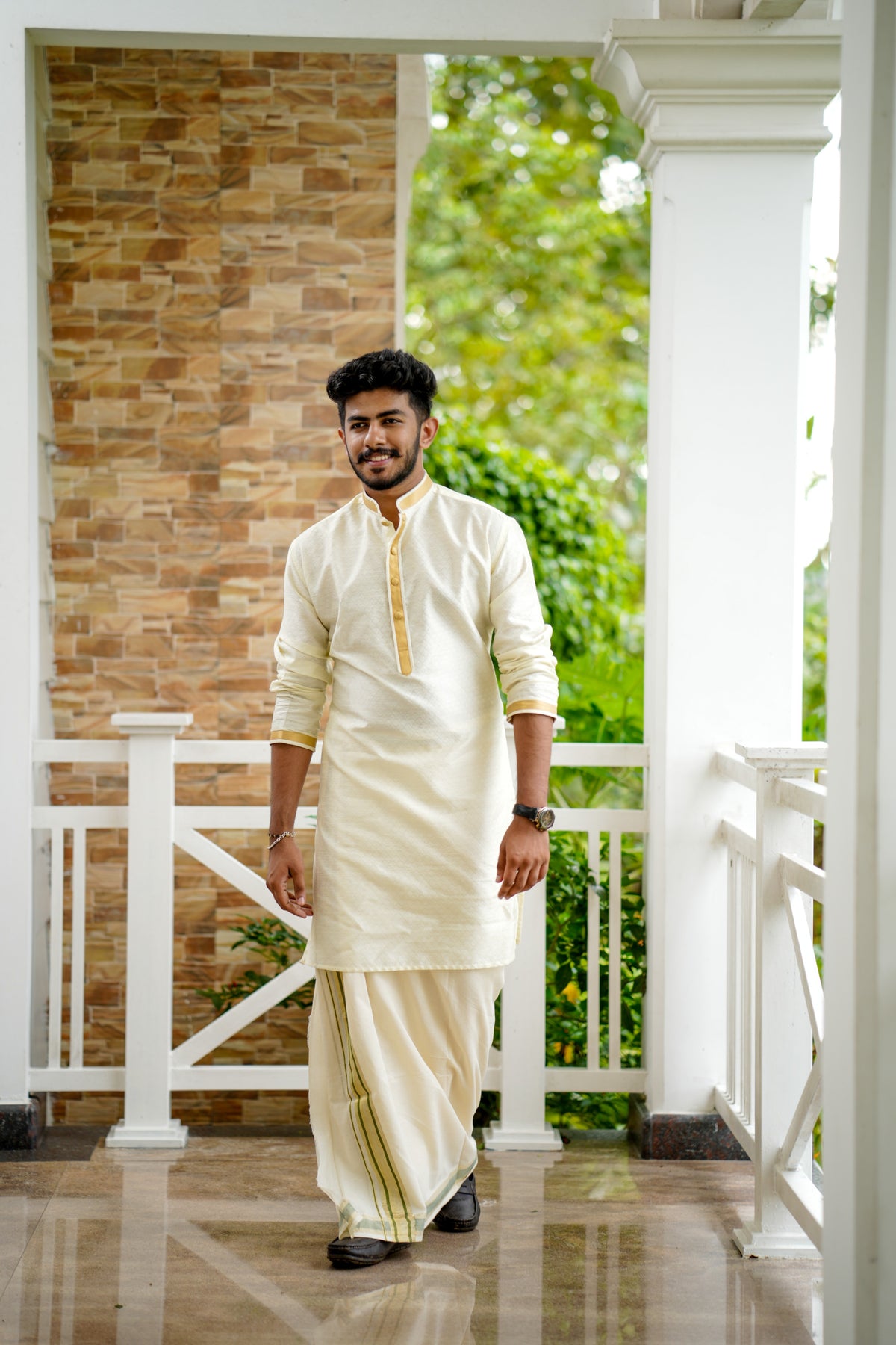 Off White Self Textured Silk Kurta With Golden Zari Detailing on Neck, Placket & Sleeves (Only Kurta)