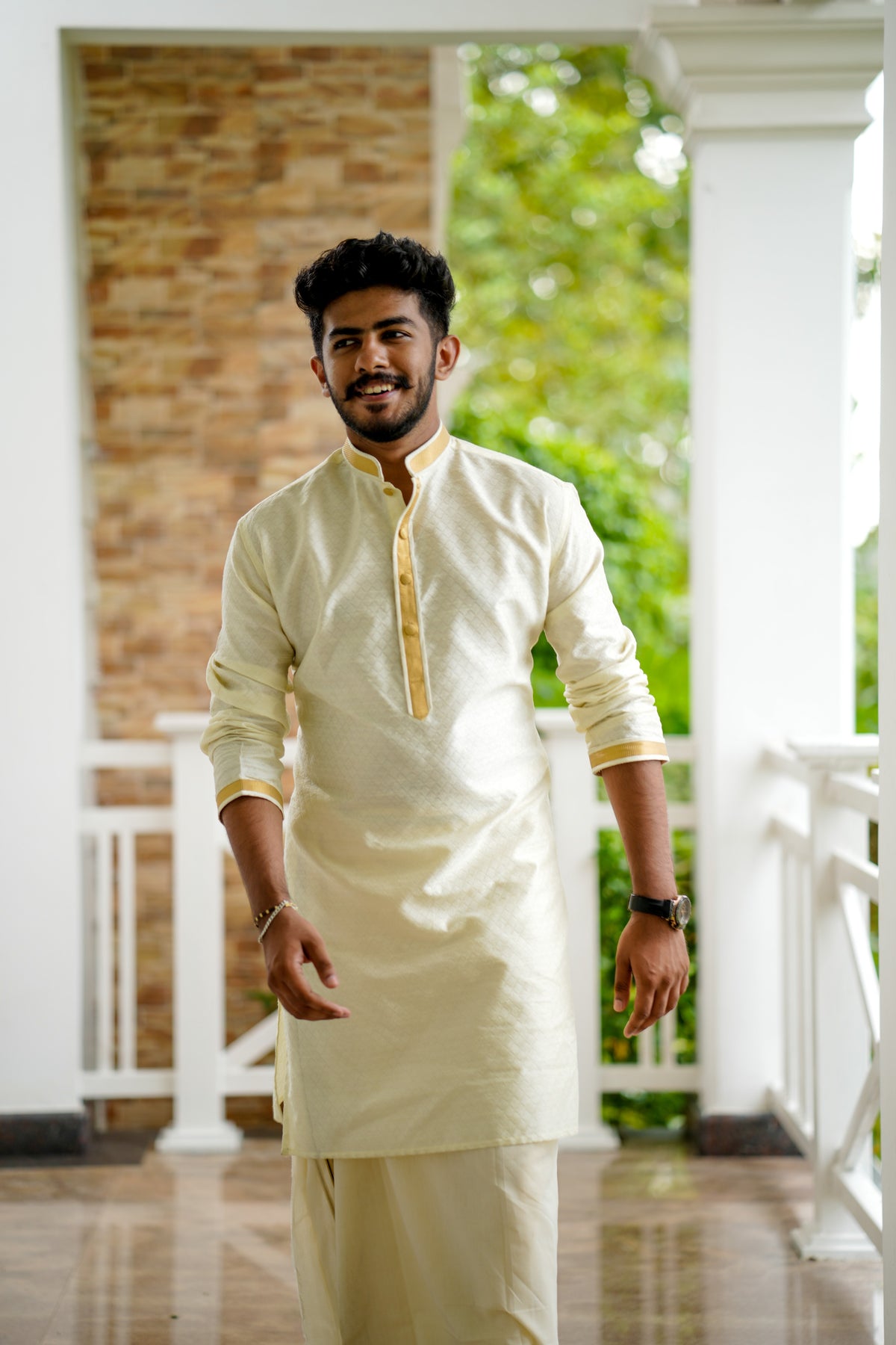 Off White Self Textured Silk Kurta With Golden Zari Detailing on Neck, Placket & Sleeves (Only Kurta)