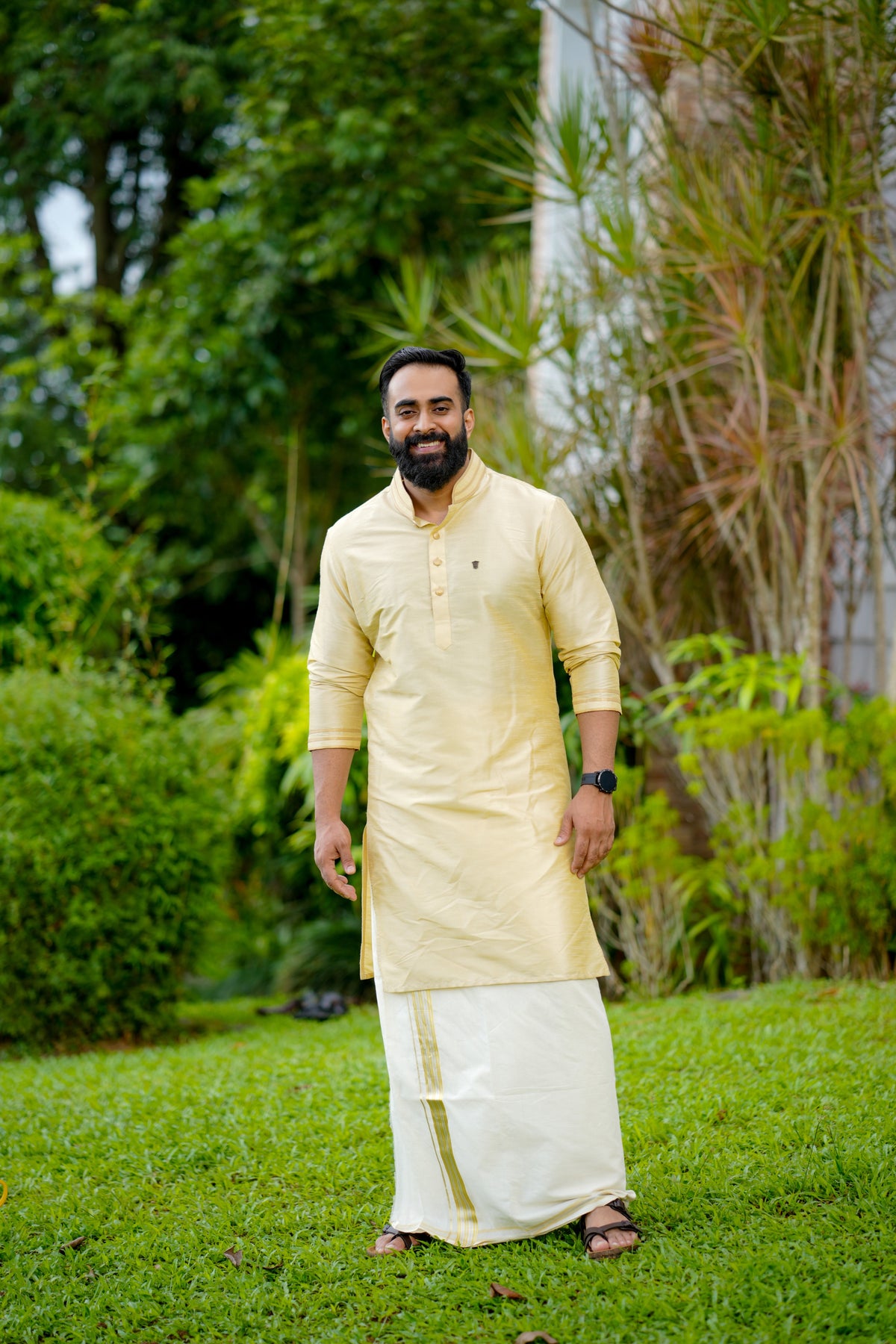 Light Golden Kurta Set with Golden Detailing on Neck & Sleeve (Kurta + Kasavu Munde)