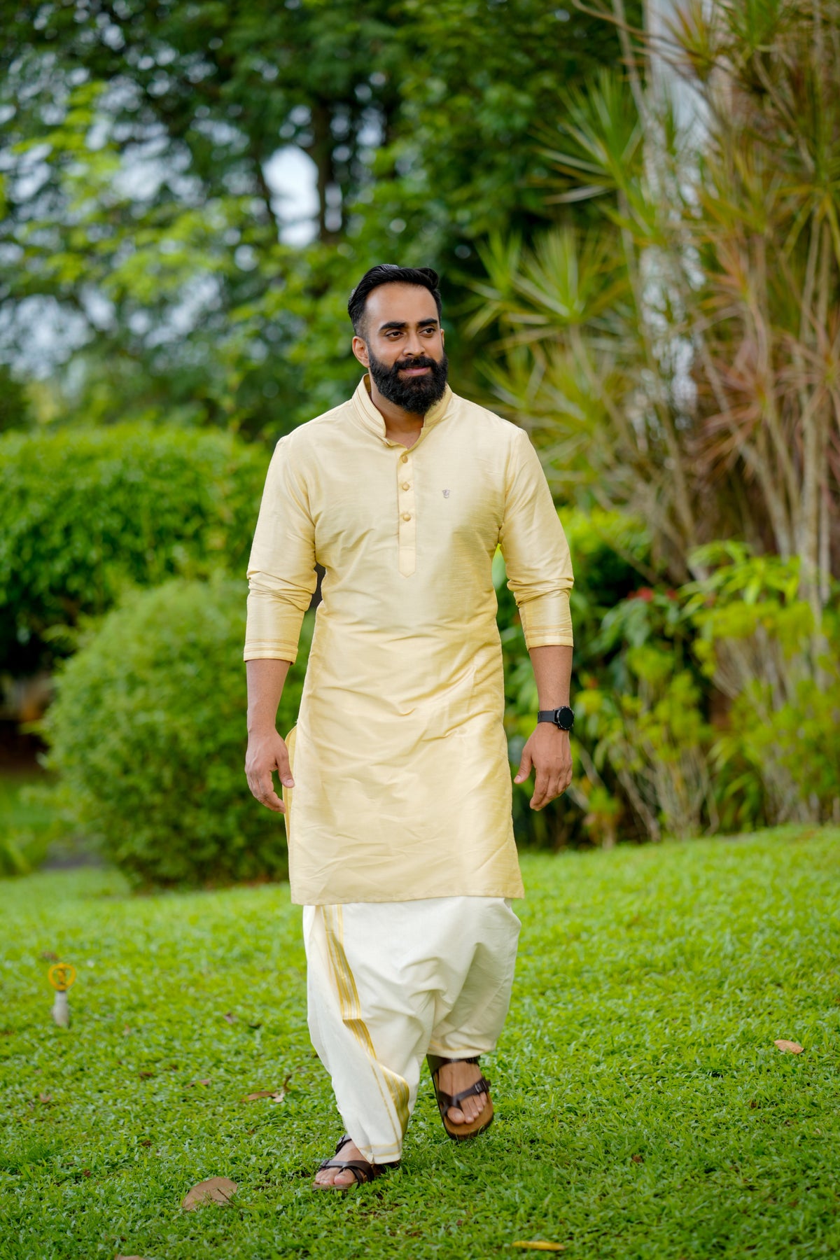 Light Golden Kurta Set with Golden Detailing on Neck & Sleeve (Kurta + Kasavu Munde)